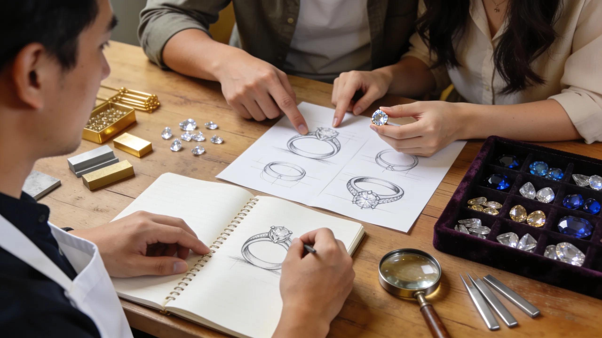 Jeweler assisting a couple in designing a custom engagement ring, featuring sketches and gemstones on the table.