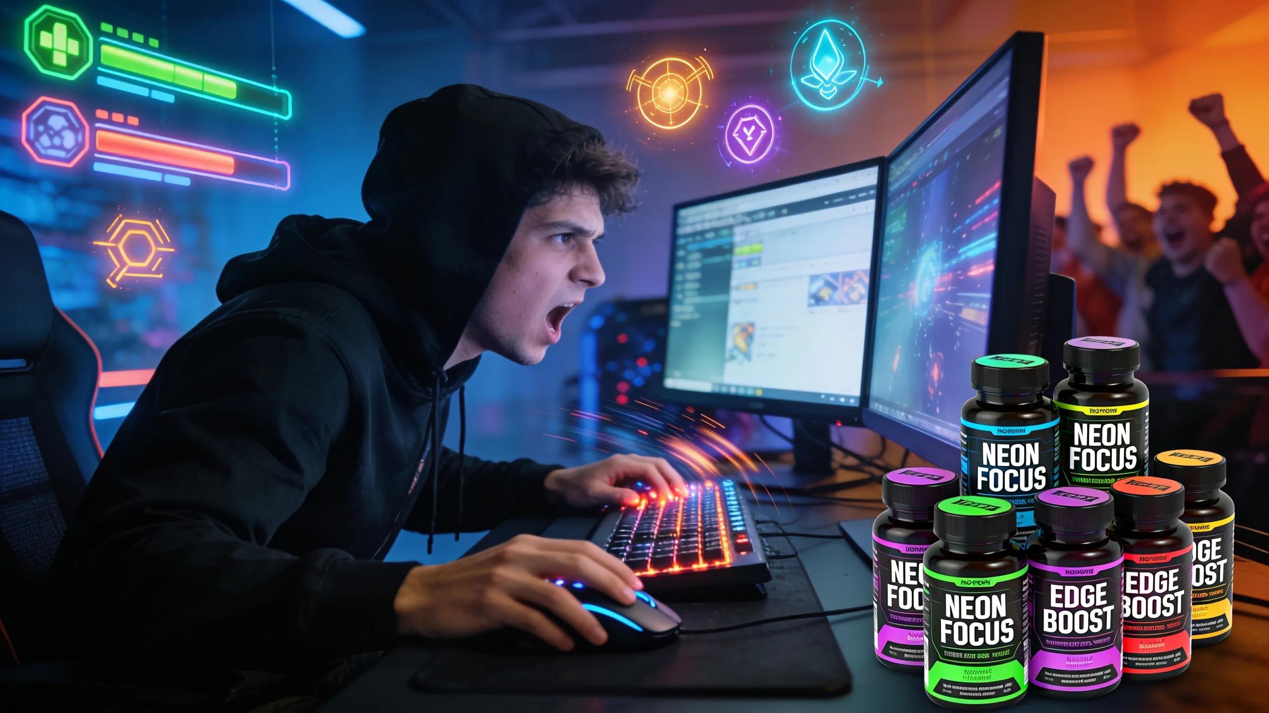 Gamer demonstrating high focus and alertness with nootropic energy shots at hand