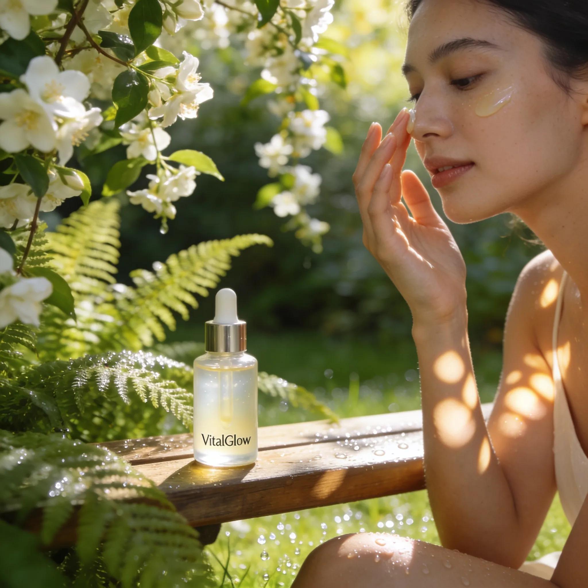 Woman applying serum in a bright, natural setting illustrating practical biohacking for skin rejuvenation