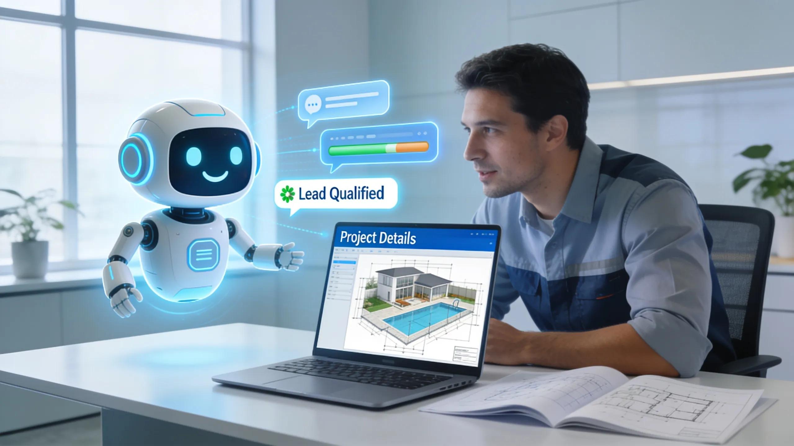 Pool builder reviewing lead-qualified project details with AI chatbot assistance.