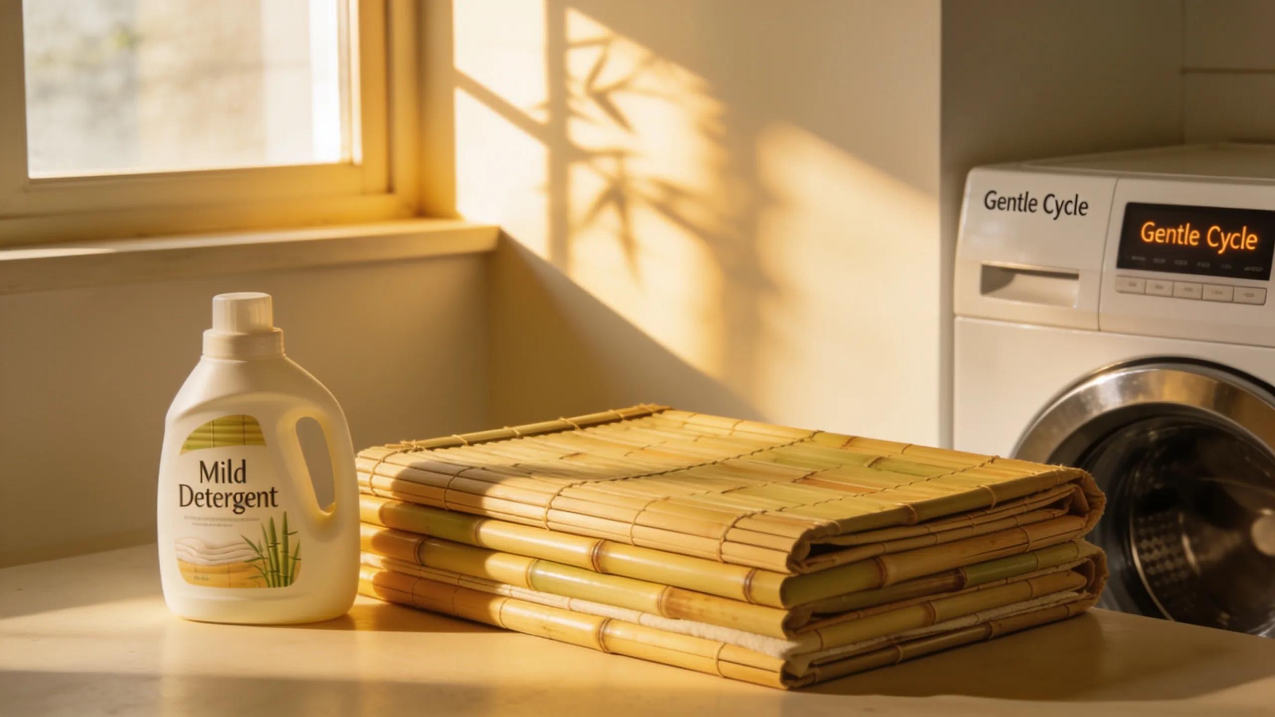 Bamboo sheets with cleaning supplies illustrating care tips for maintaining cooling properties