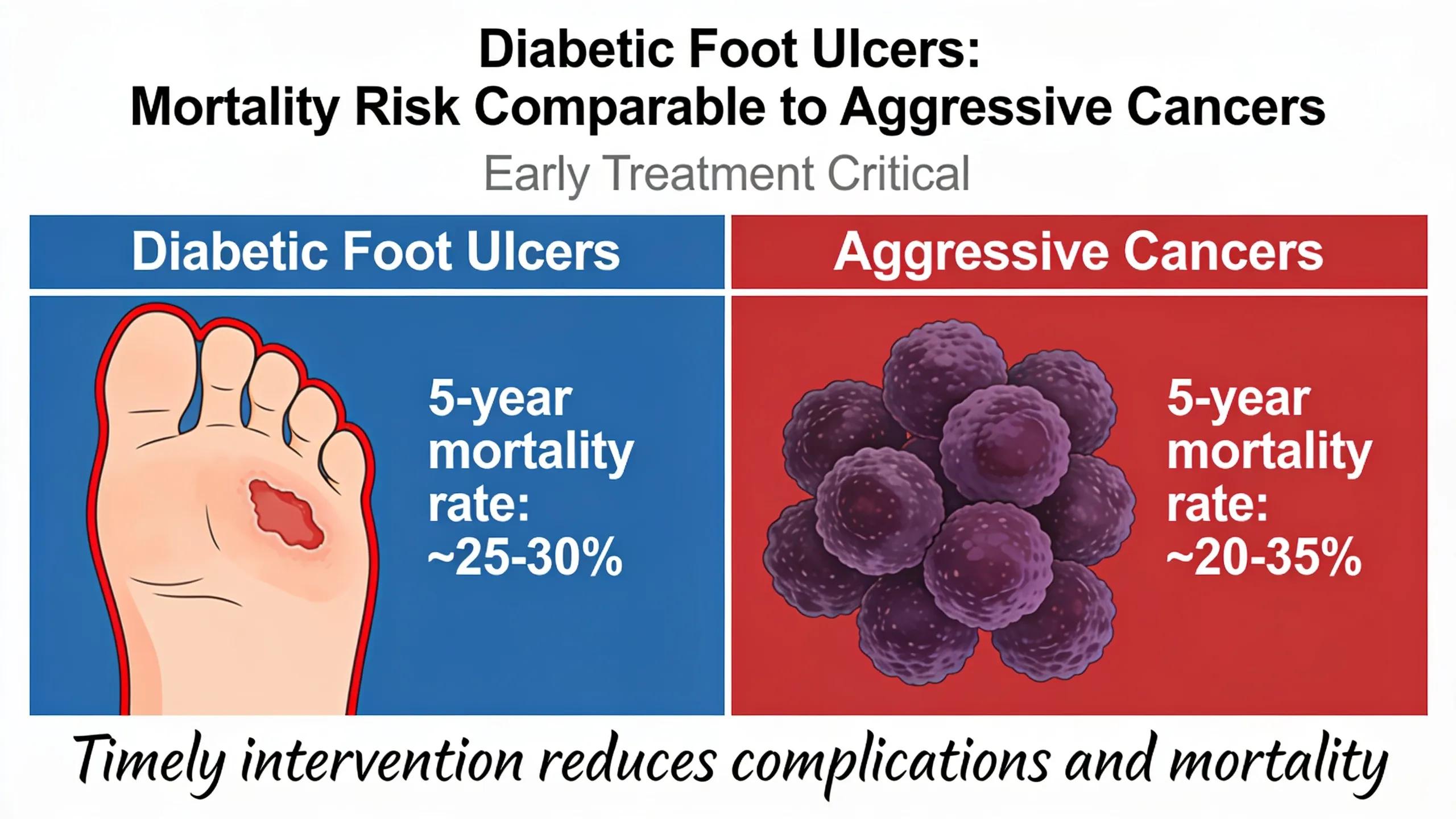 Diabetic foot ulcers carry a mortality risk comparable to aggressive cancers, making early treatment critical