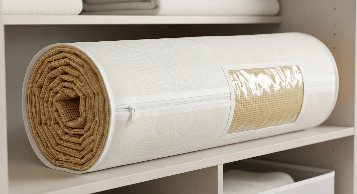 Bamboo mattress topper stored in a breathable bag to show correct storage technique