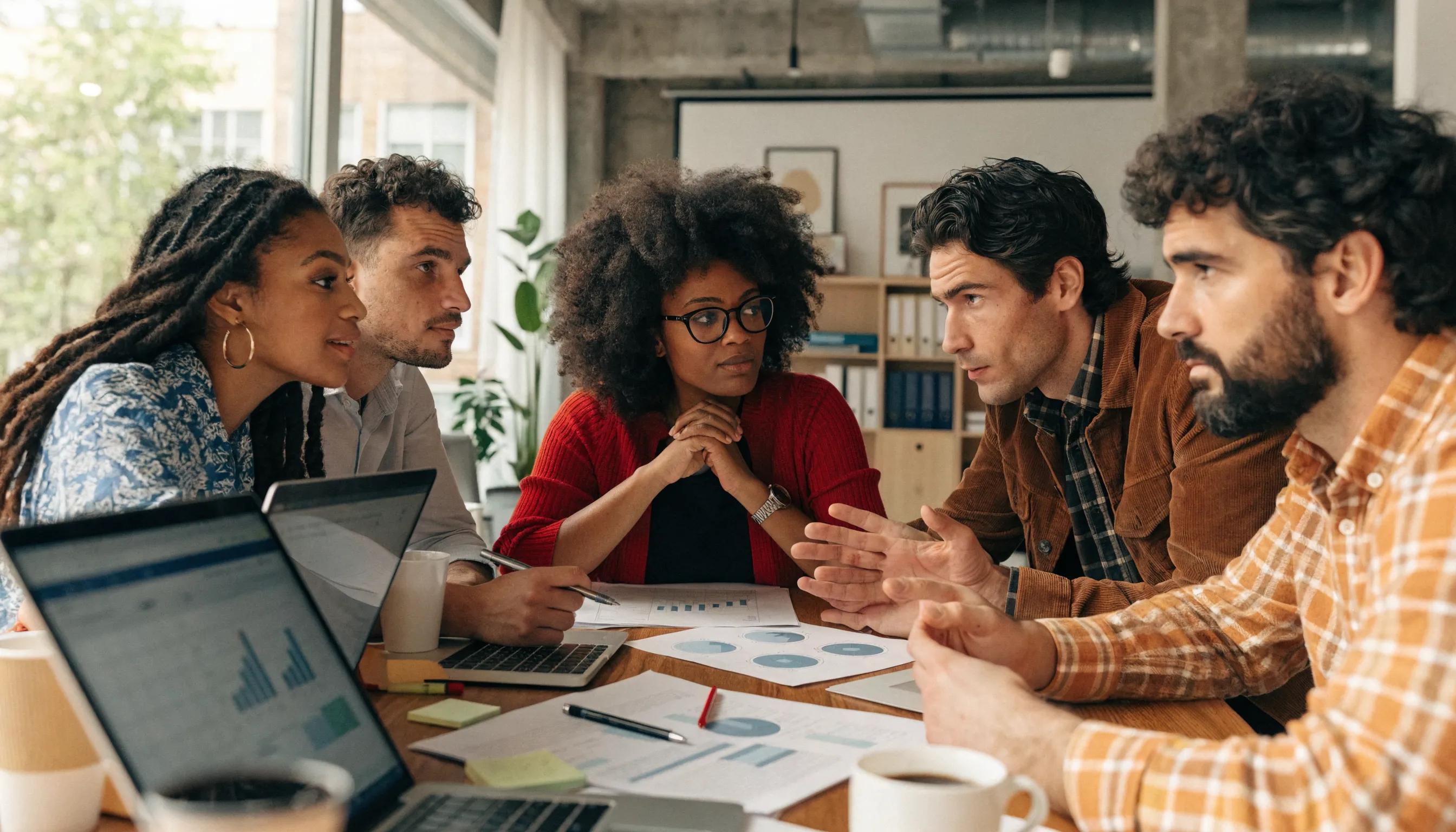 Group of entrepreneurs discussing company structures in a modern office, emphasizing collaboration and decision-making