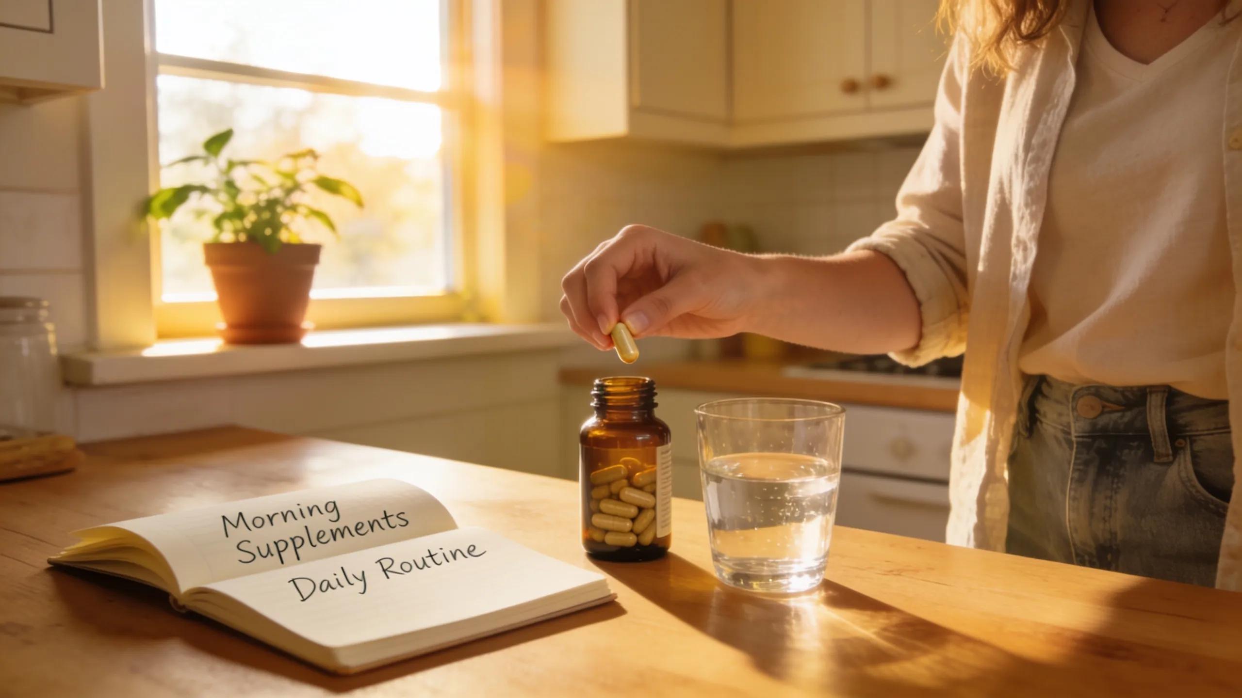 Person in kitchen preparing to take natural supplements with water and notepad