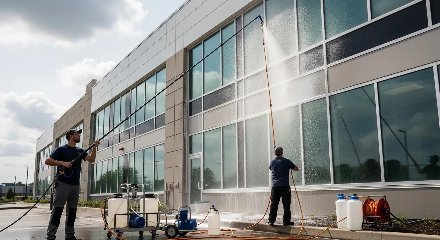 Professional soft wash cleaning service enhancing the exterior of a commercial building