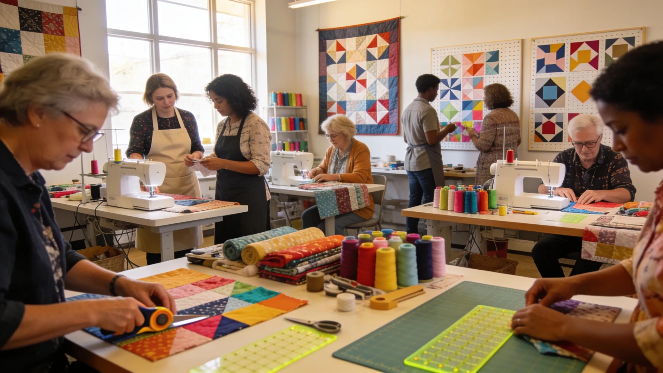 Participants engaged in a quilting class learning modern patterns with guidance from instructors