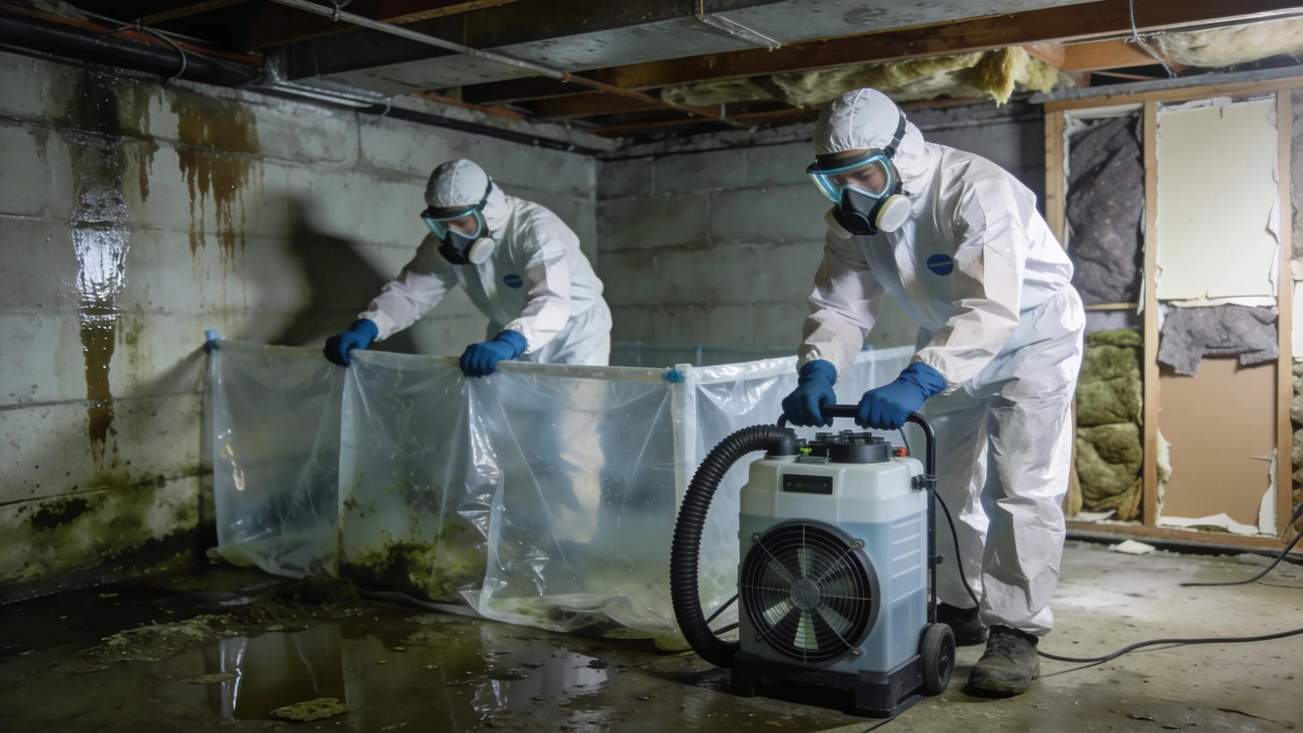Professionals in protective gear conducting mold remediation in a damp environment