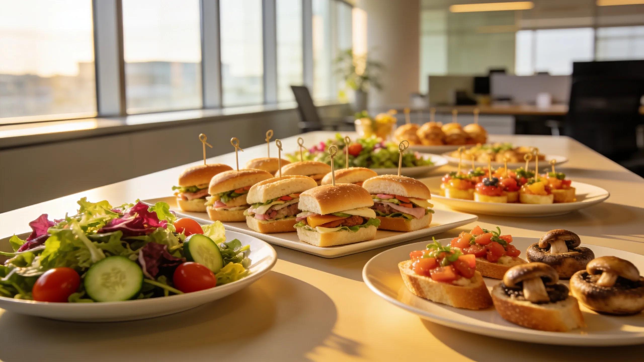 Gourmet catering setup for small office gatherings showcasing diverse food options and elegant presentation