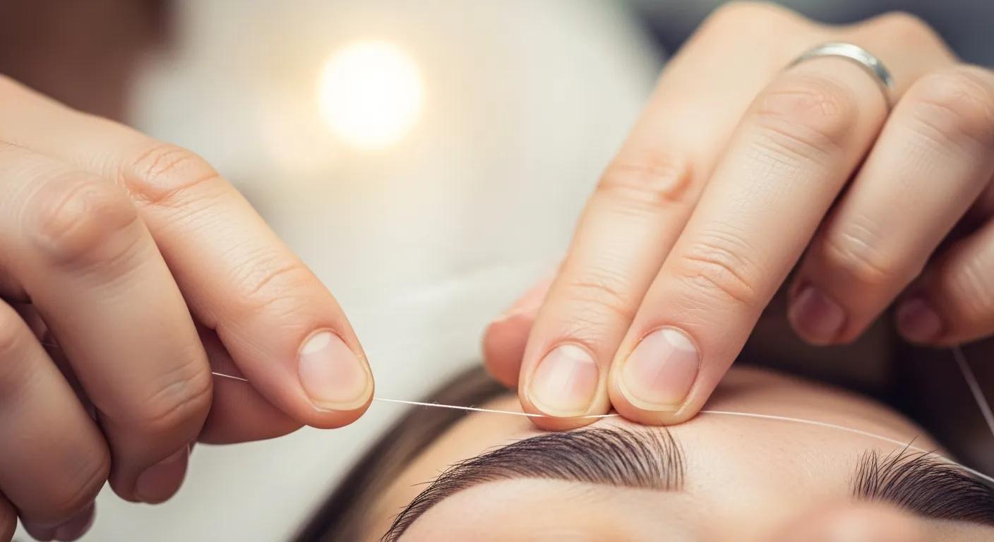 Close-up of a technician threading eyebrows, demonstrating precision and skill in eyebrow grooming
