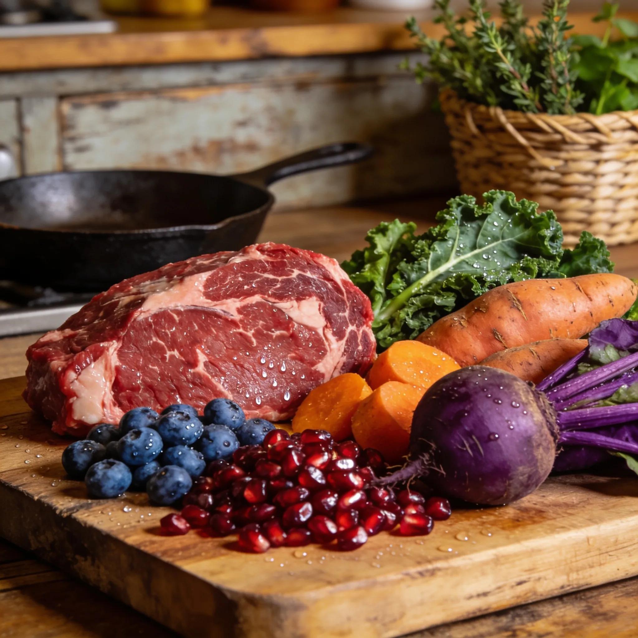 Raw grass-fed beef with fruits and vegetables illustrating antioxidants for improved brain health