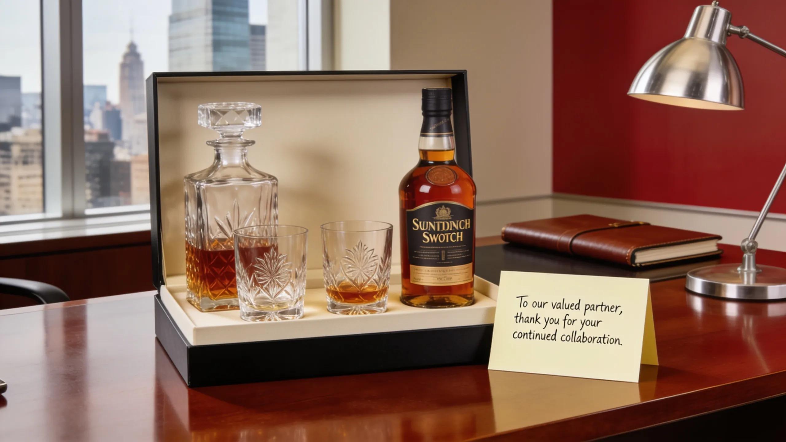 Custom alcohol gift set for corporate gifting, emphasizing luxurious presentation and personalization