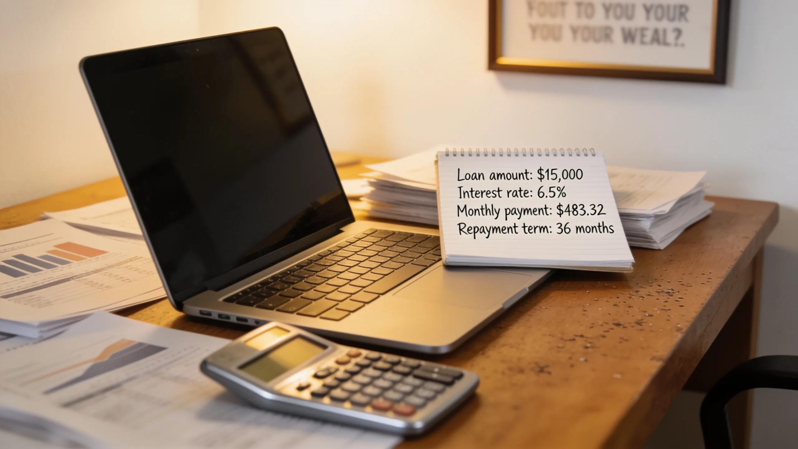 Workspace with laptop, financial documents, and calculator, showcasing evaluation of personal installment loan terms