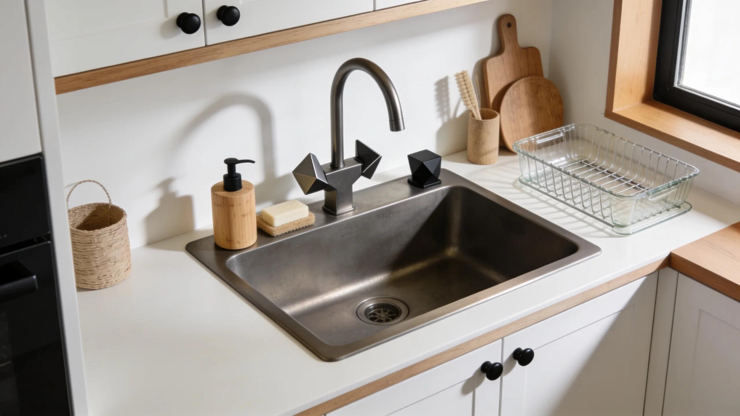 Stylish gunmetal grey sink paired with modern fixtures in a minimalist kitchen