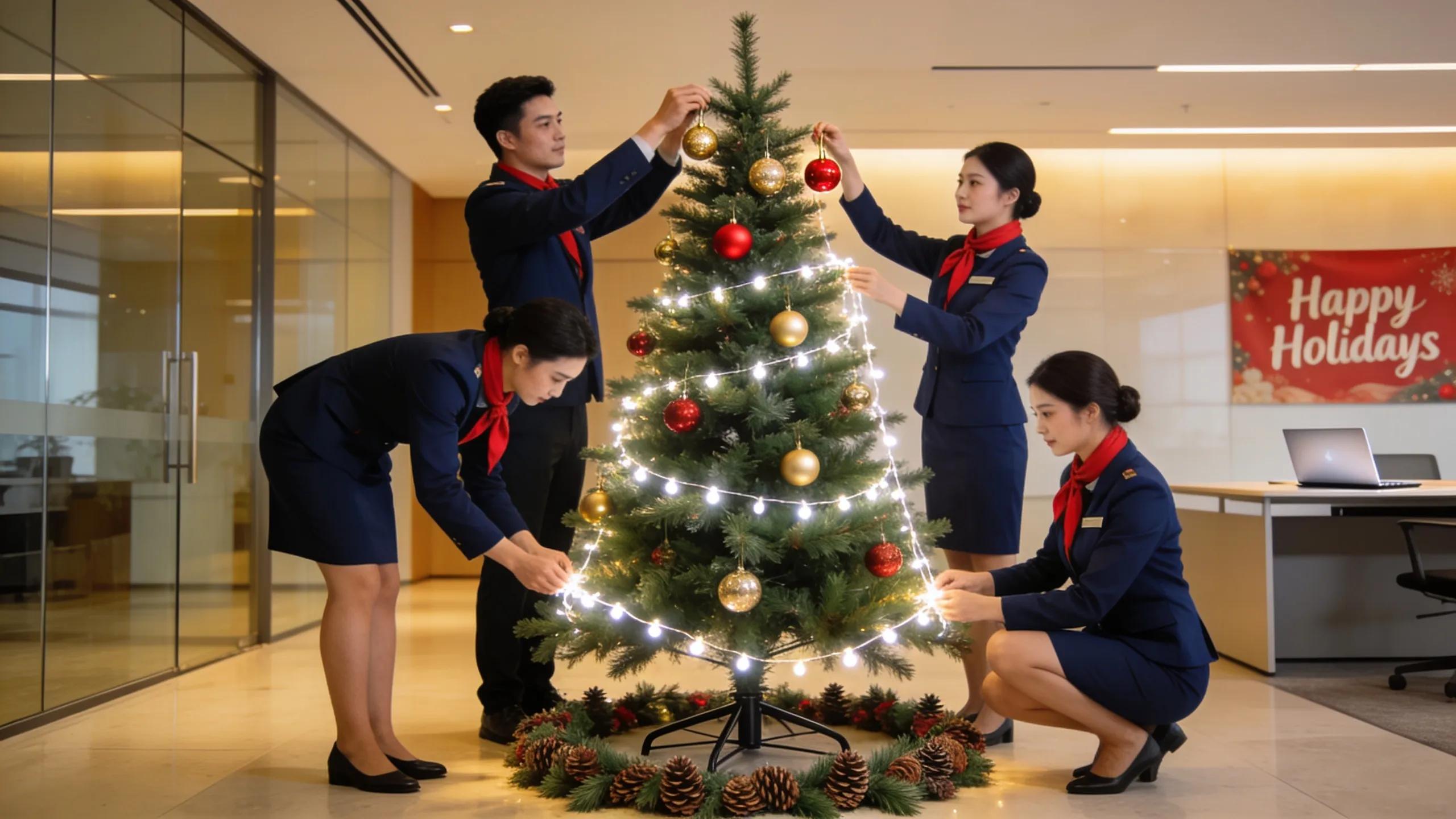 Professional team delivering and setting up a Christmas tree in a corporate office for the holiday season