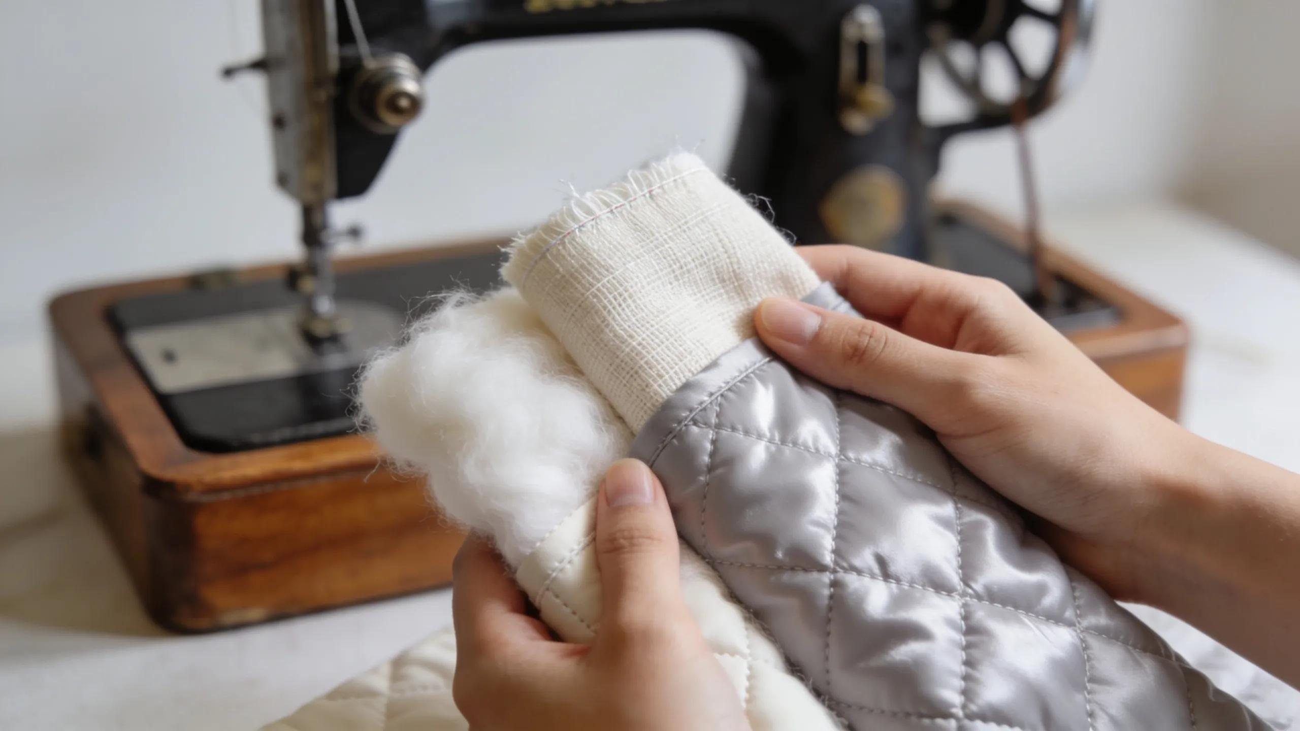 Hands evaluating the texture and quality of quilting fabrics, showcasing cotton and polyester options