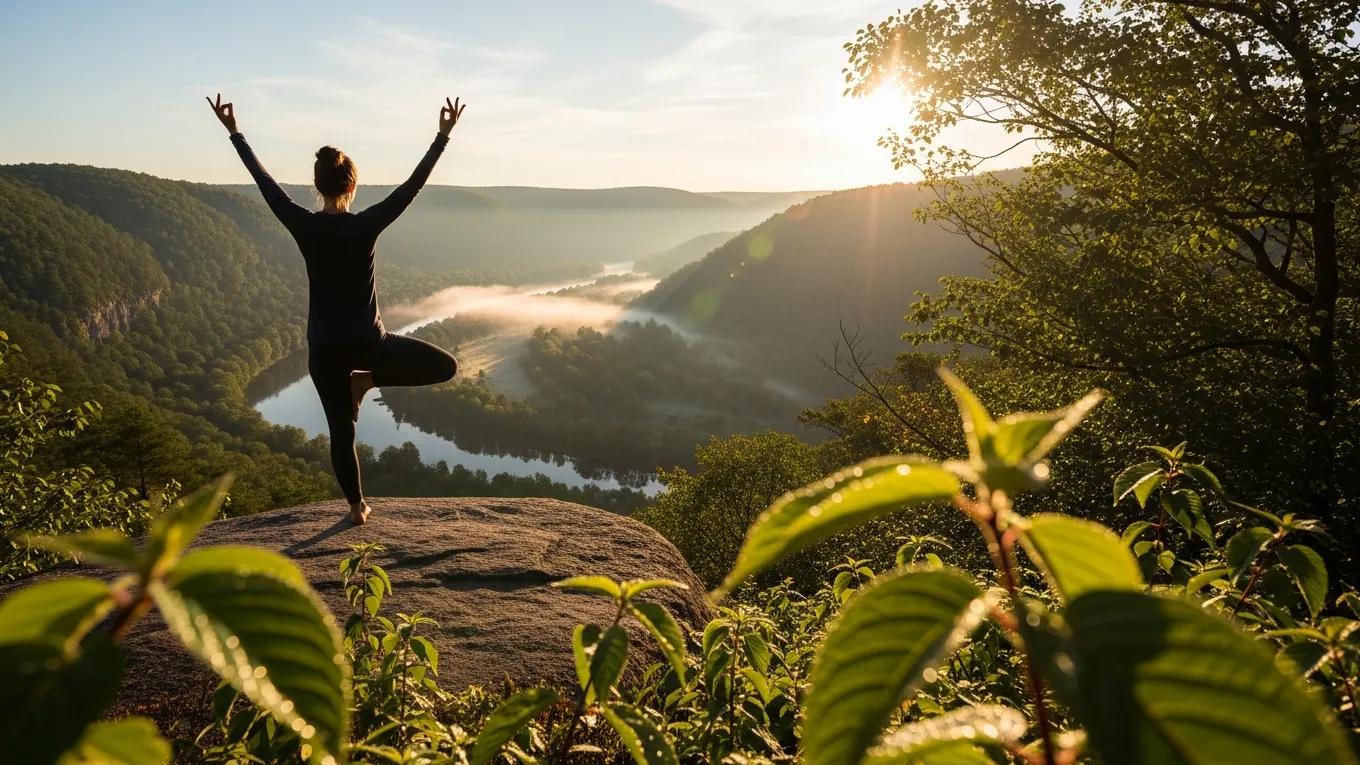 Person practicing yoga in nature, symbolizing intentional living and holistic health