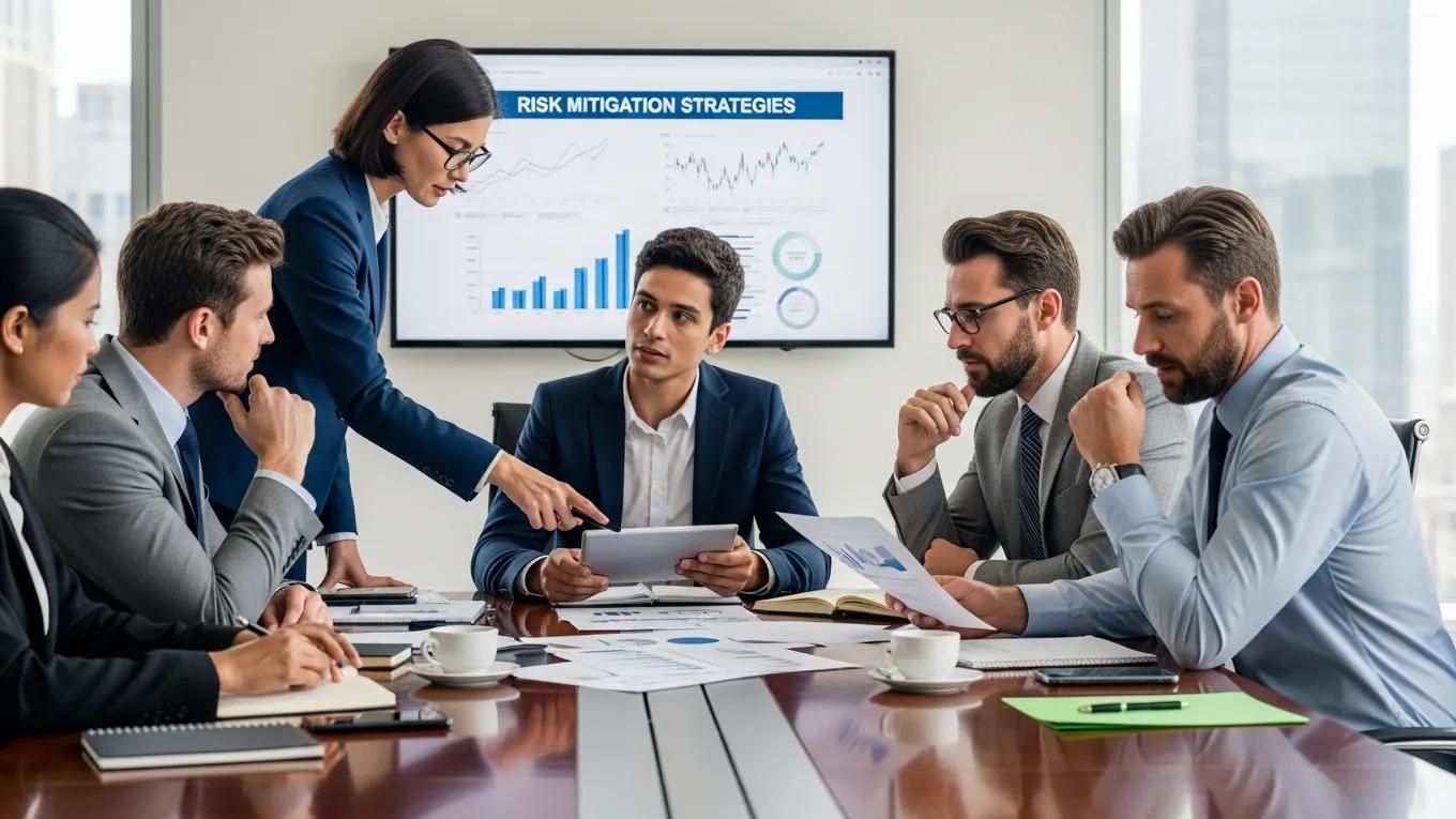 Diverse group of investors discussing risk mitigation strategies for non-performing loans Diverse group of investors discussing risk mitigation strategies for non-performing loans