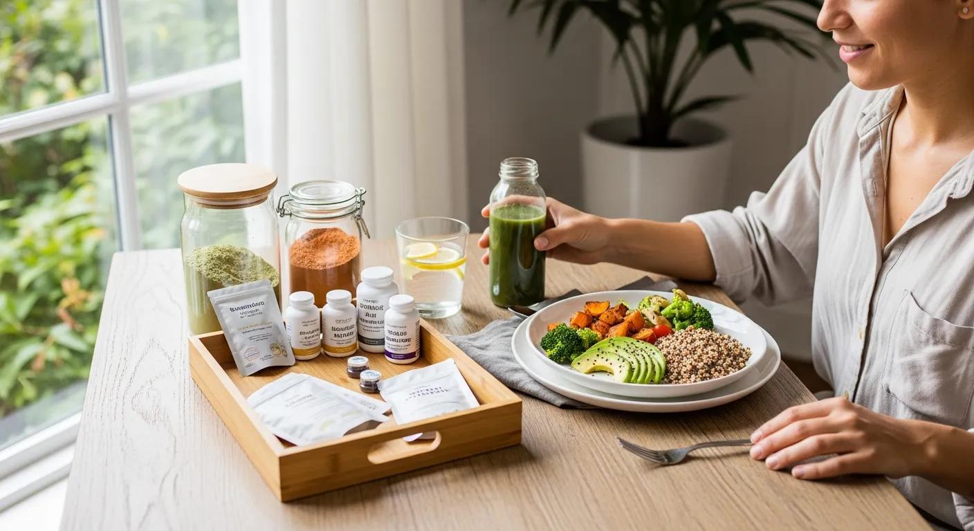 A person practicing intentional living with clean supplements and healthy foods in a bright, serene environment