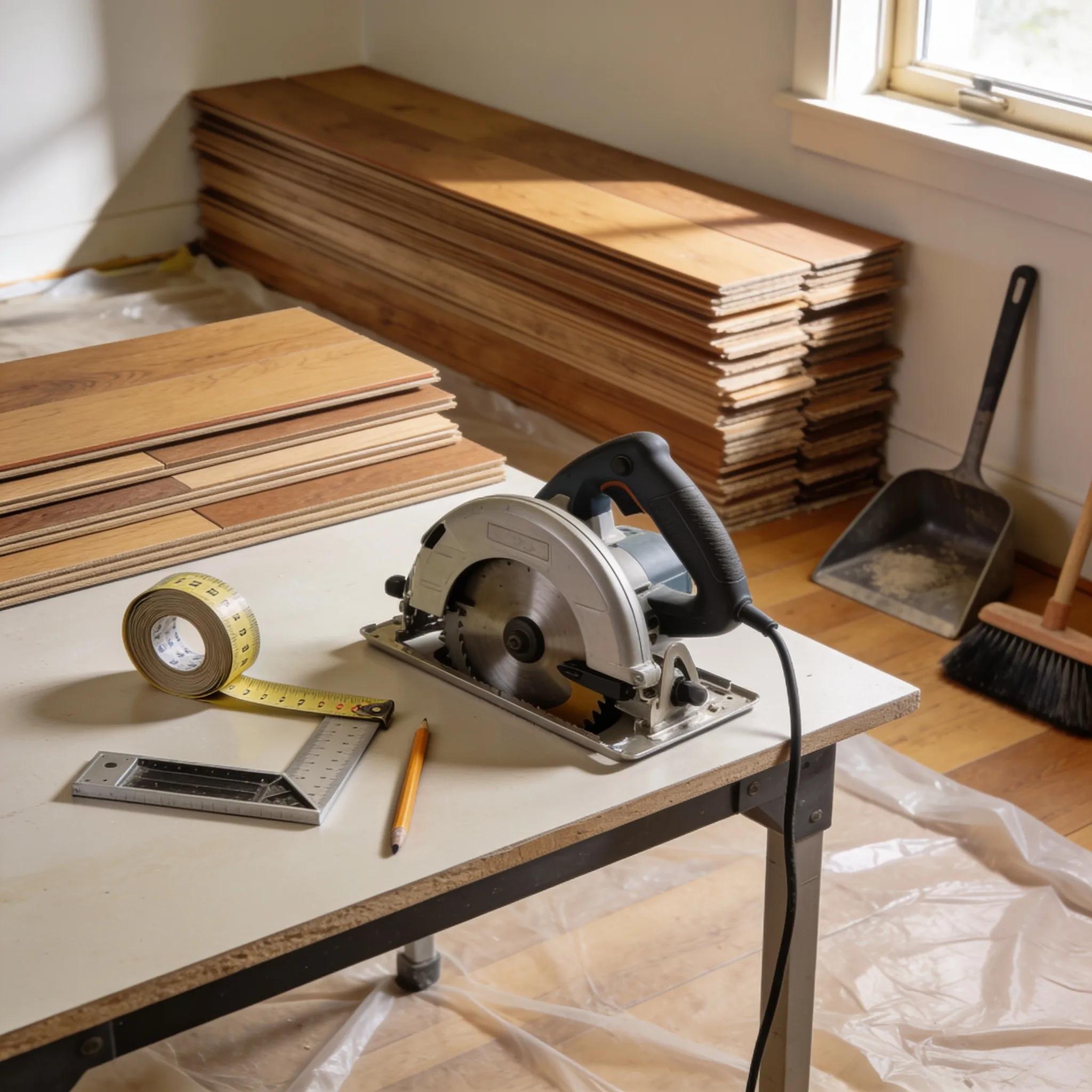DIY workspace with flooring tools staged for installation — essential techniques