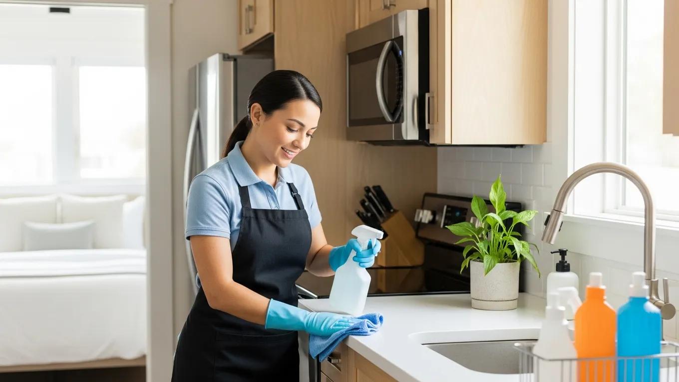 Professional cleaner in a stylish short-term rental, emphasizing cleanliness and guest readiness