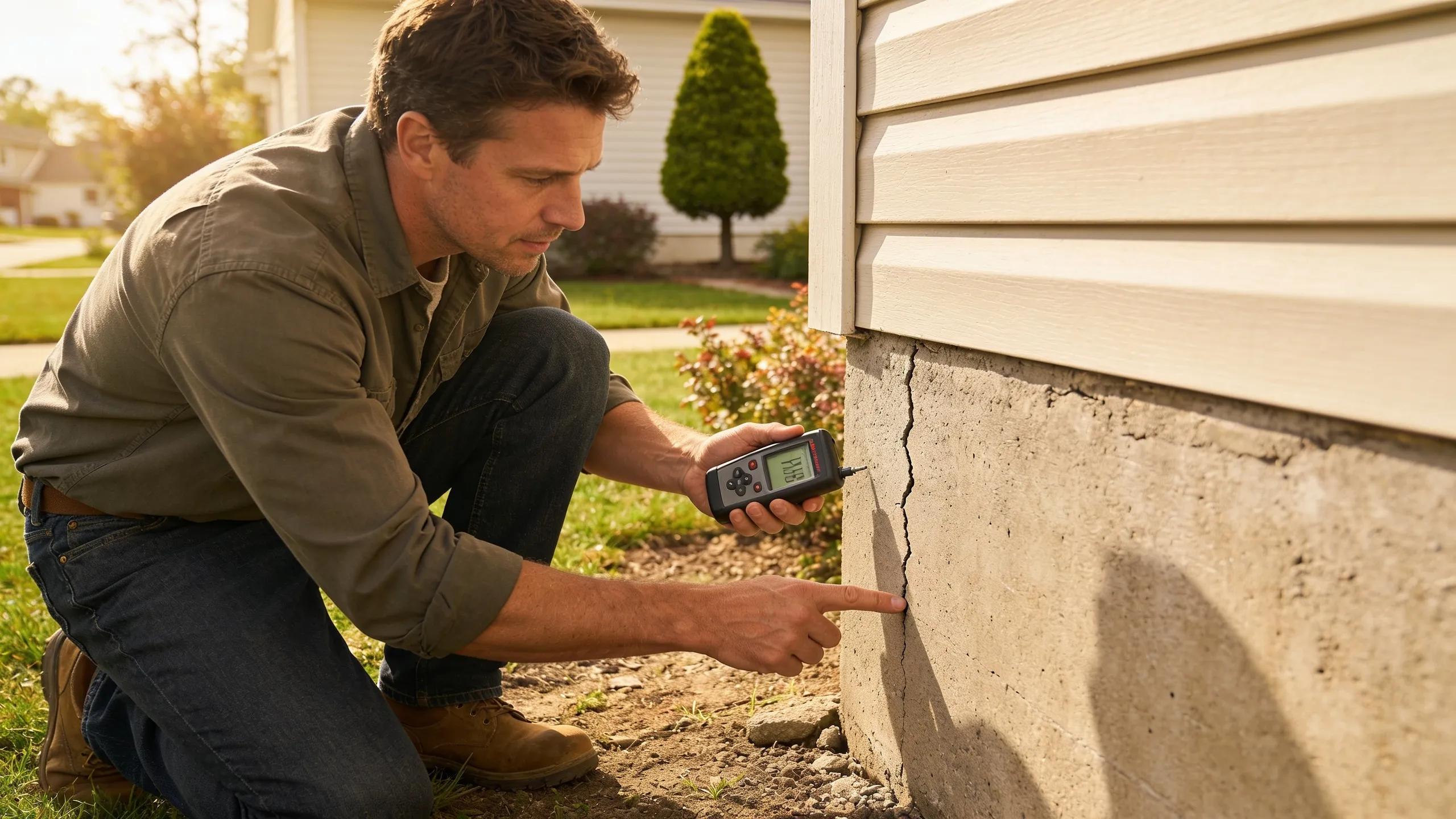 Homeowner inspecting the foundation using a moisture meter, representing essential inspection methods for homeowners.