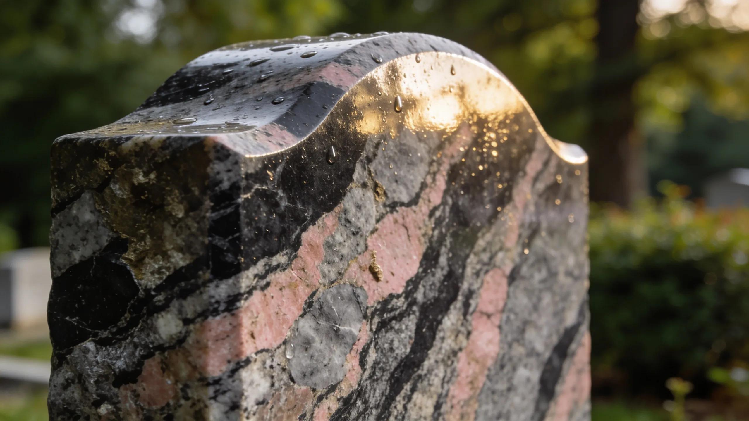 Close-up of a polished granite grave marker highlighting its color and texture