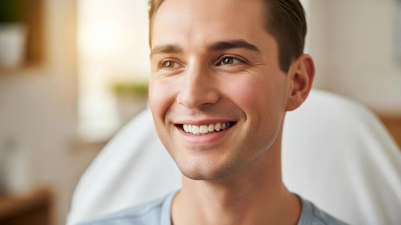Transgender individual expressing joy and satisfaction after electrolysis treatment, highlighting the positive effects on self-esteem