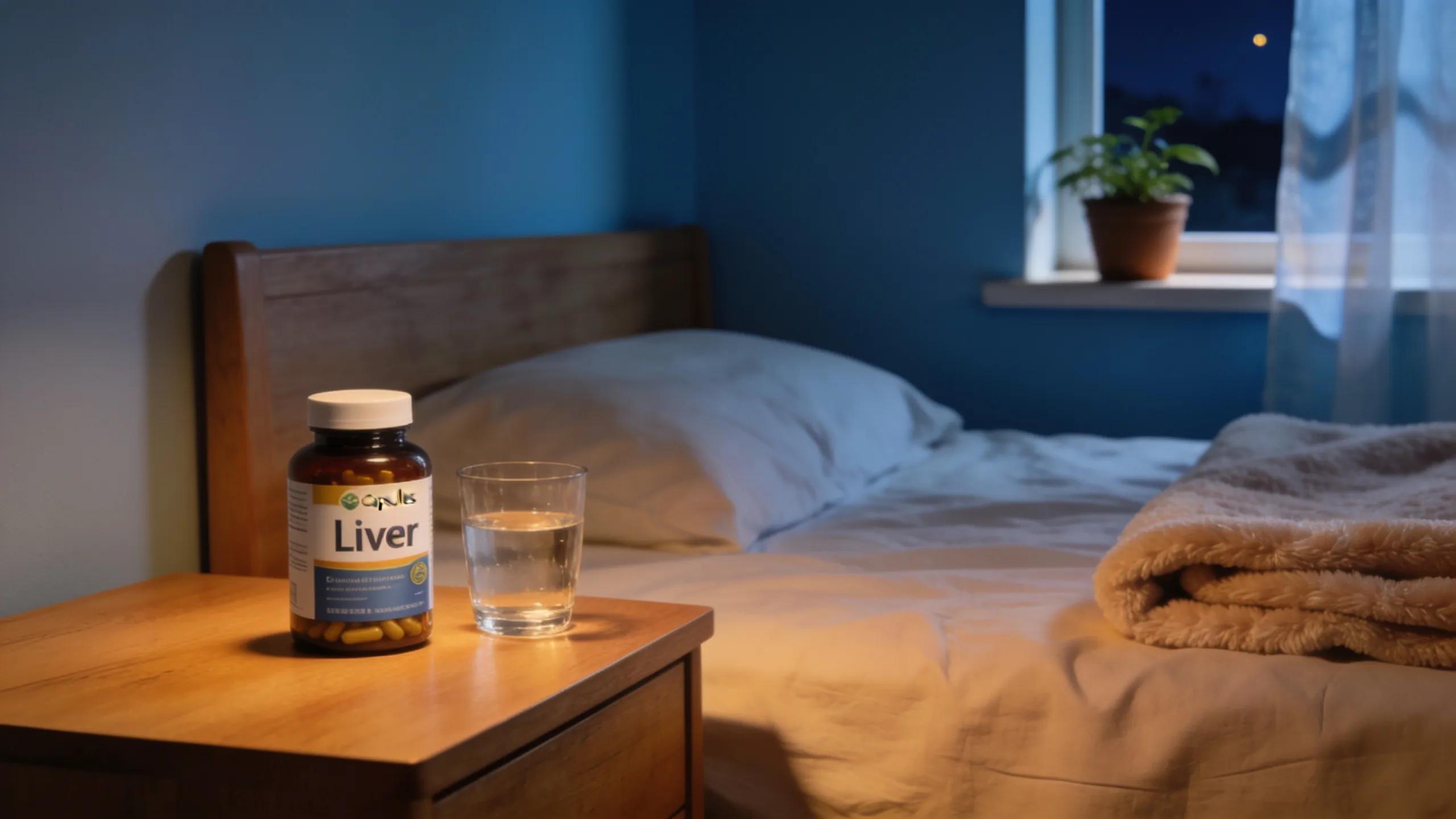 Liver capsules on a bedside table promoting nighttime detox benefits