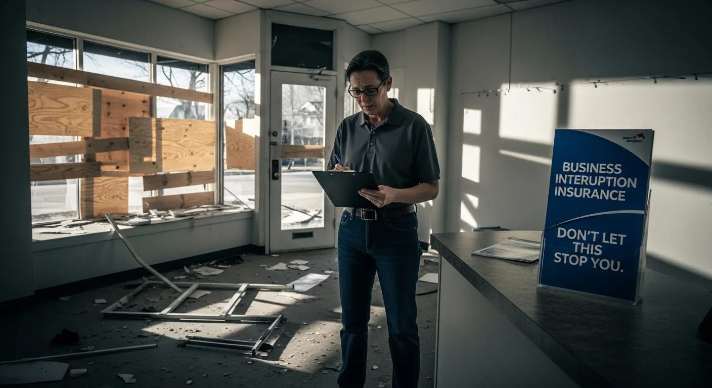 Small business owner assessing damage after an unforeseen event, emphasizing the importance of business interruption insurance