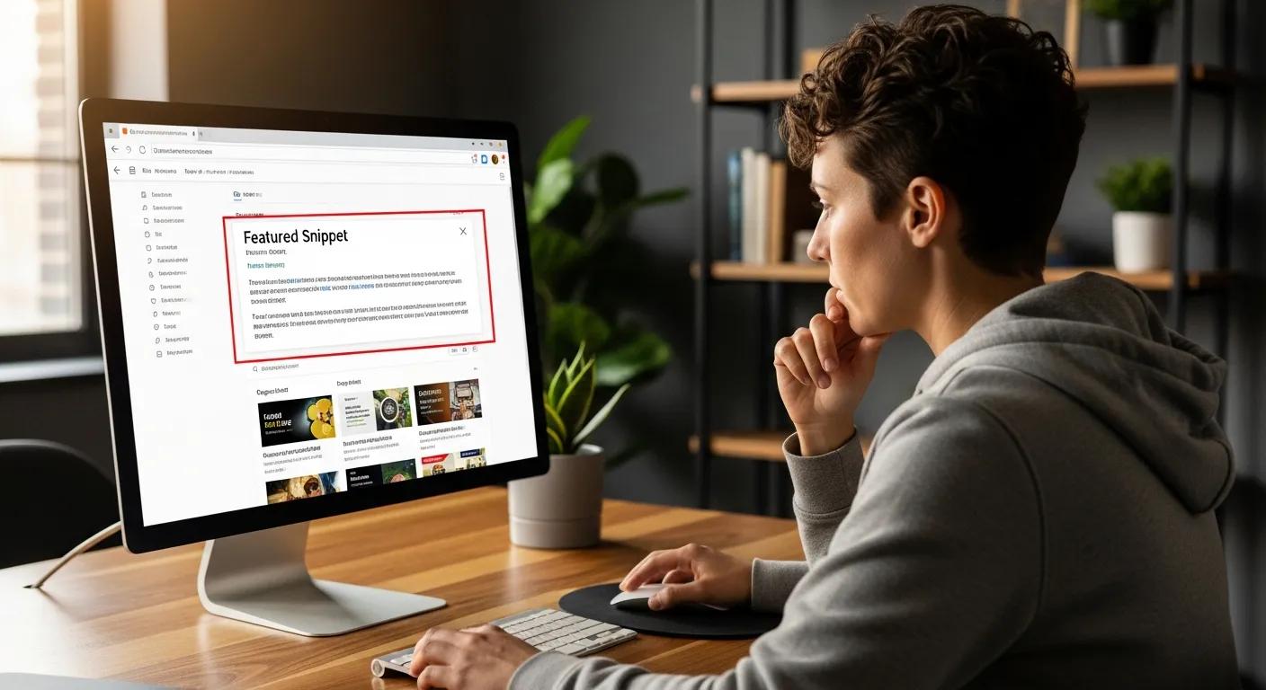 Person using a computer that highlights featured snippets in search results