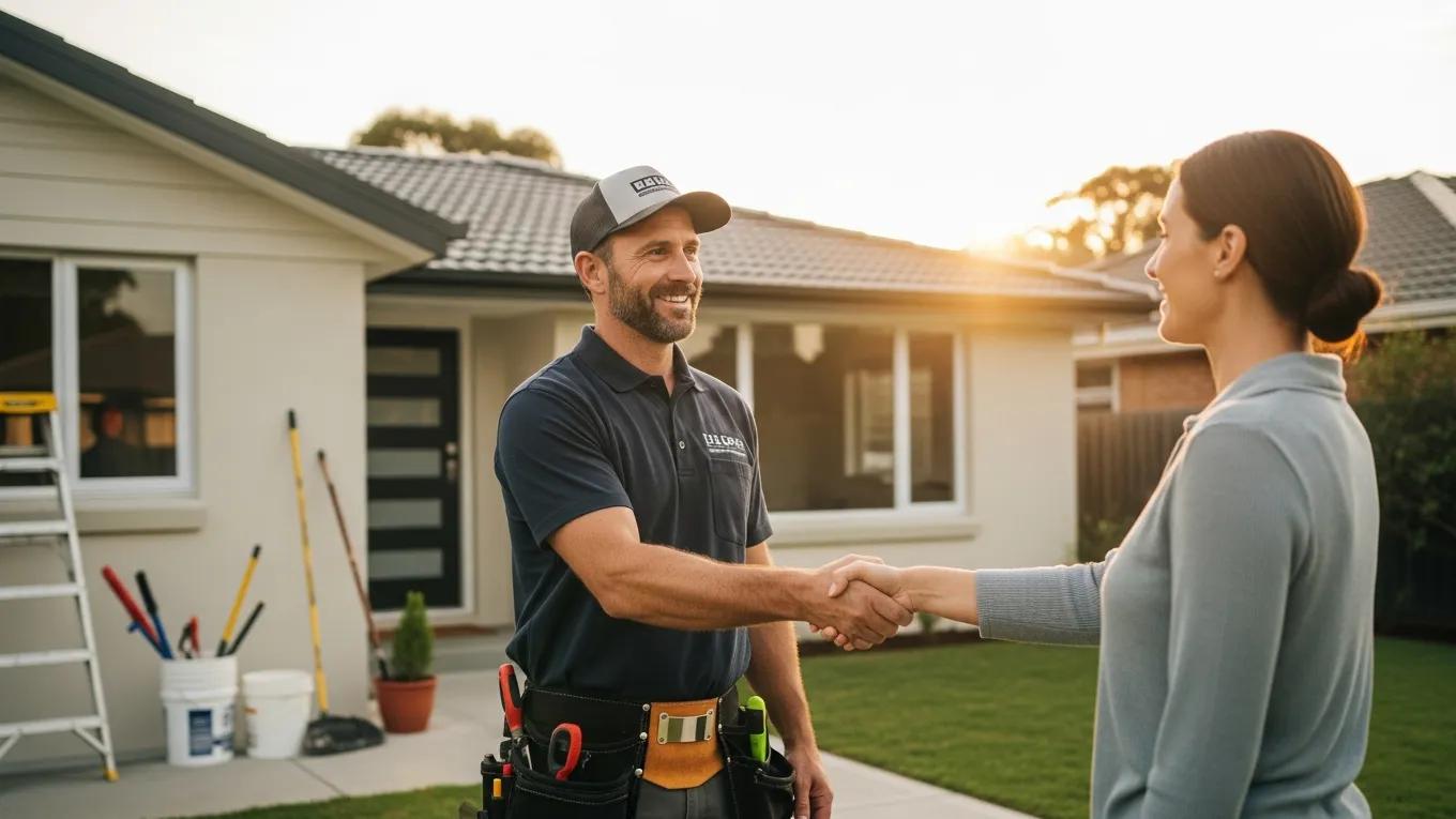 Contractor and homeowner shaking hands in front of a renovated house, showcasing trust and professionalism