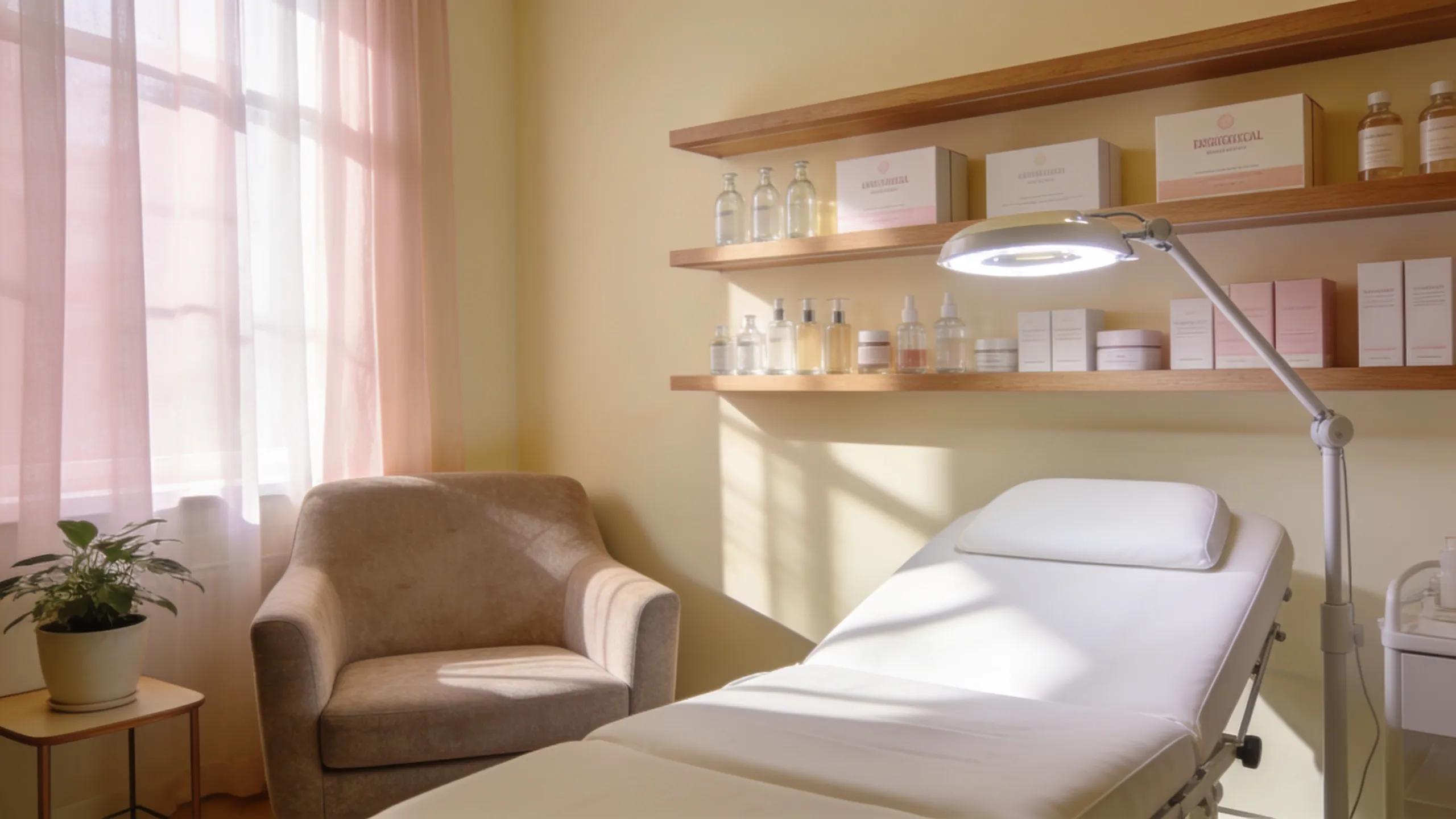 Dermatologist's consultation room with skincare products, conveying a welcoming atmosphere for acne scar treatment