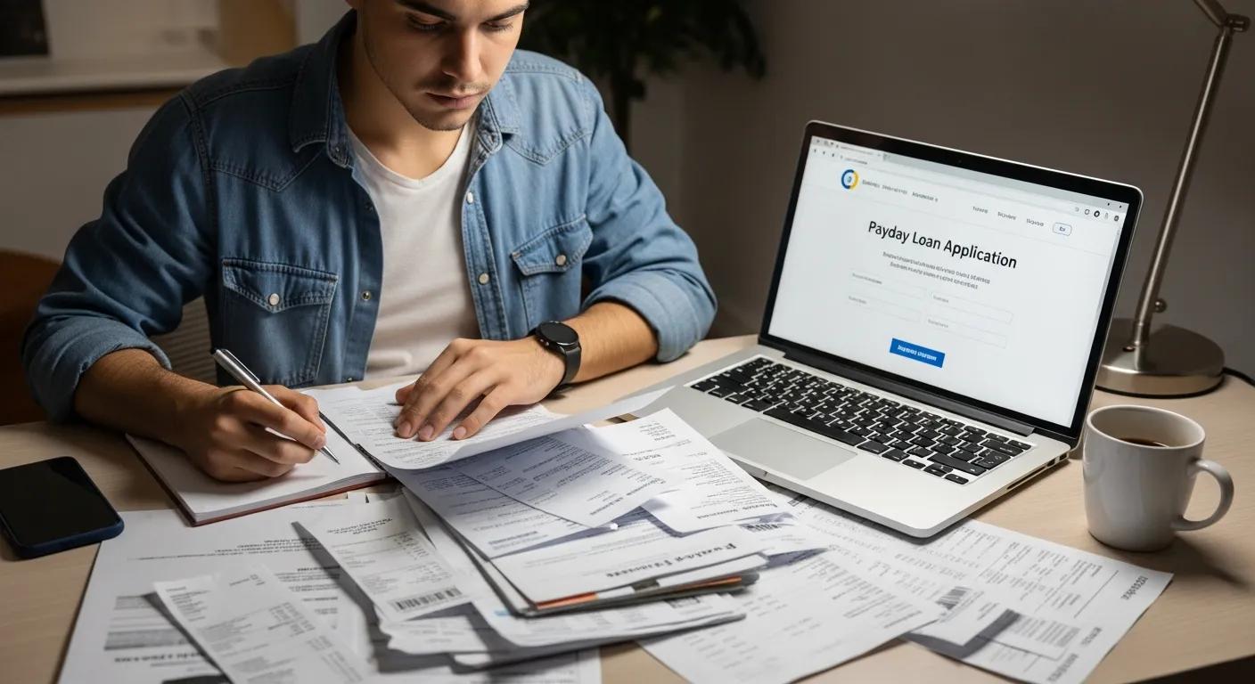 Person filling out a payday loan application on a laptop, surrounded by financial documents and a coffee cup, illustrating the process of applying for short-term loans.