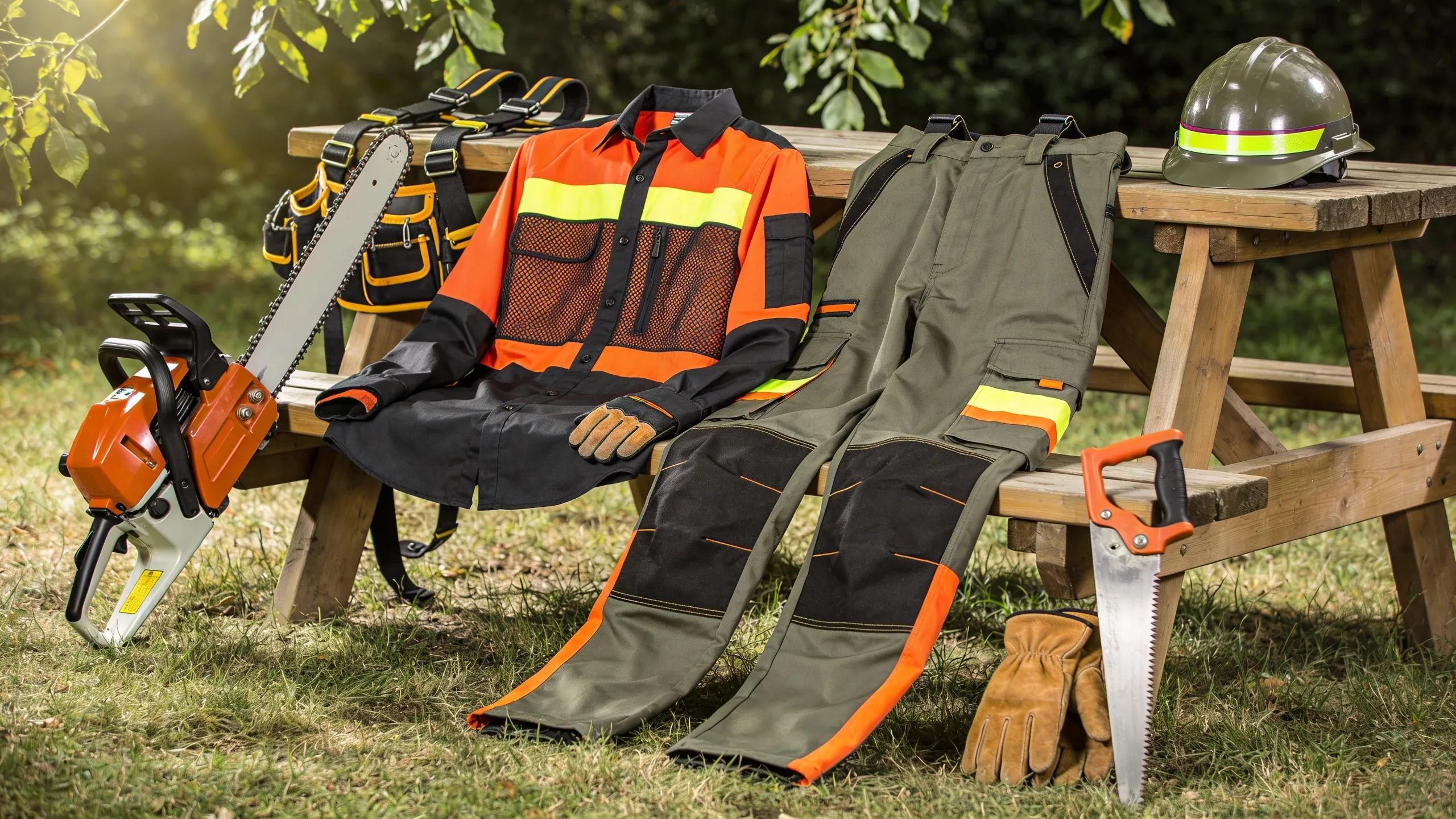 Selection of durable tree service uniforms among tree service tools in an outdoor environment