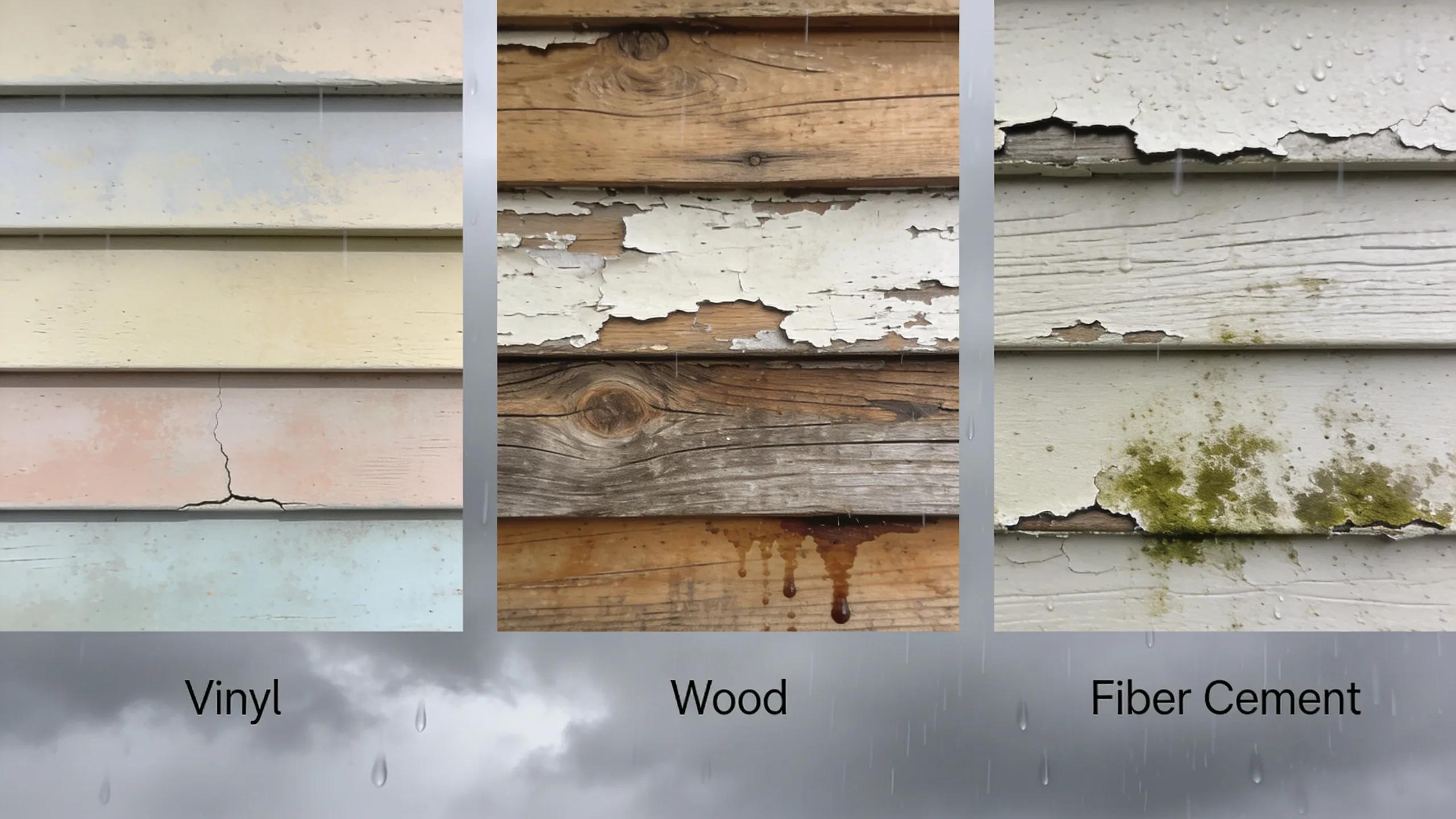 Comparison of siding materials affected by weather damage, emphasizing maintenance needs