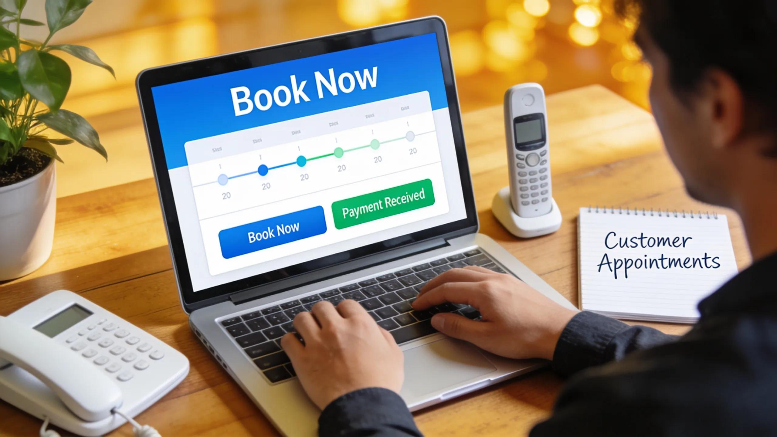 Person using a laptop for online booking software showcasing payment integration in a small business setting.