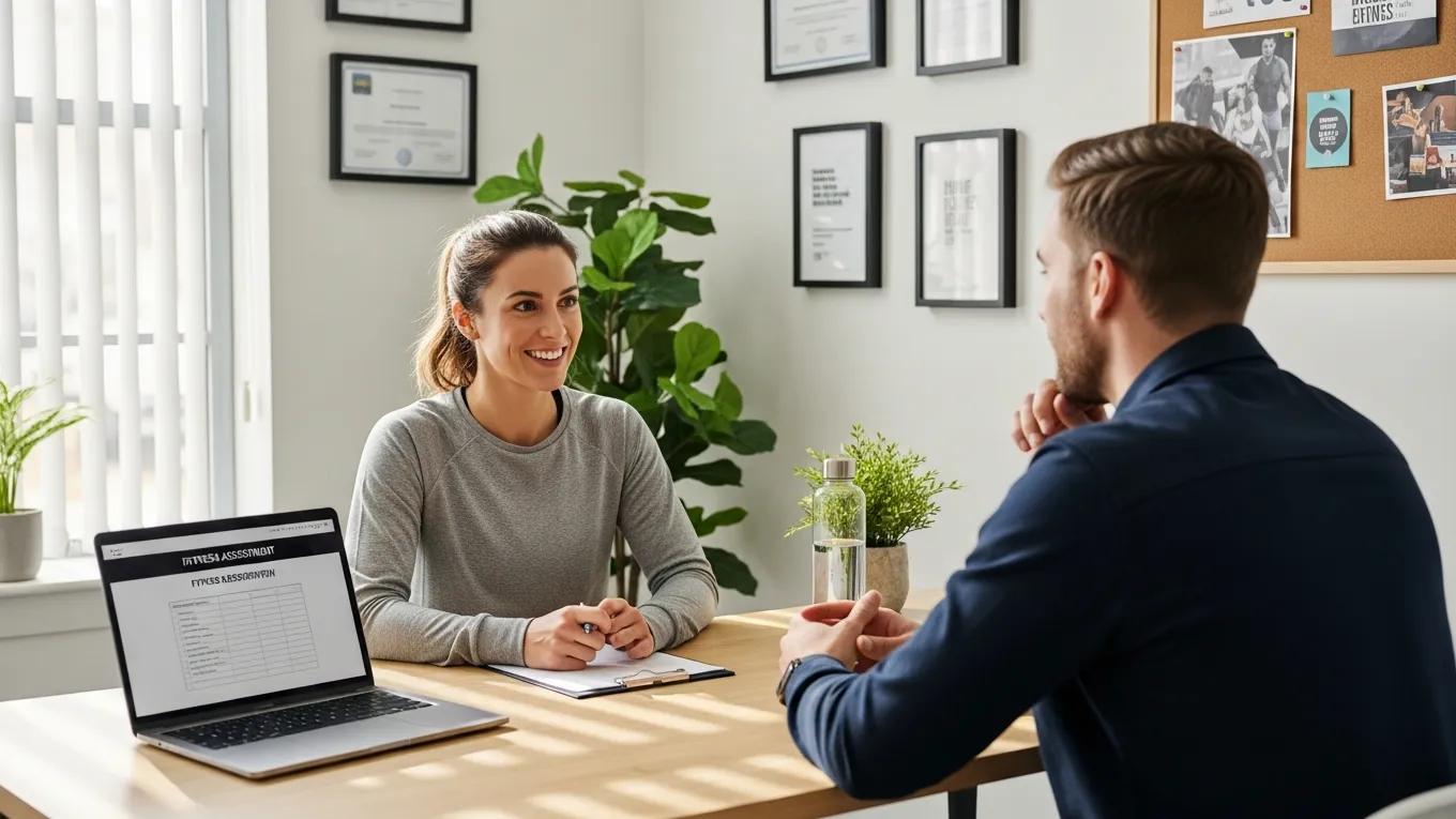 Personal trainer conducting a complimentary consultation with a new client in a friendly office setting