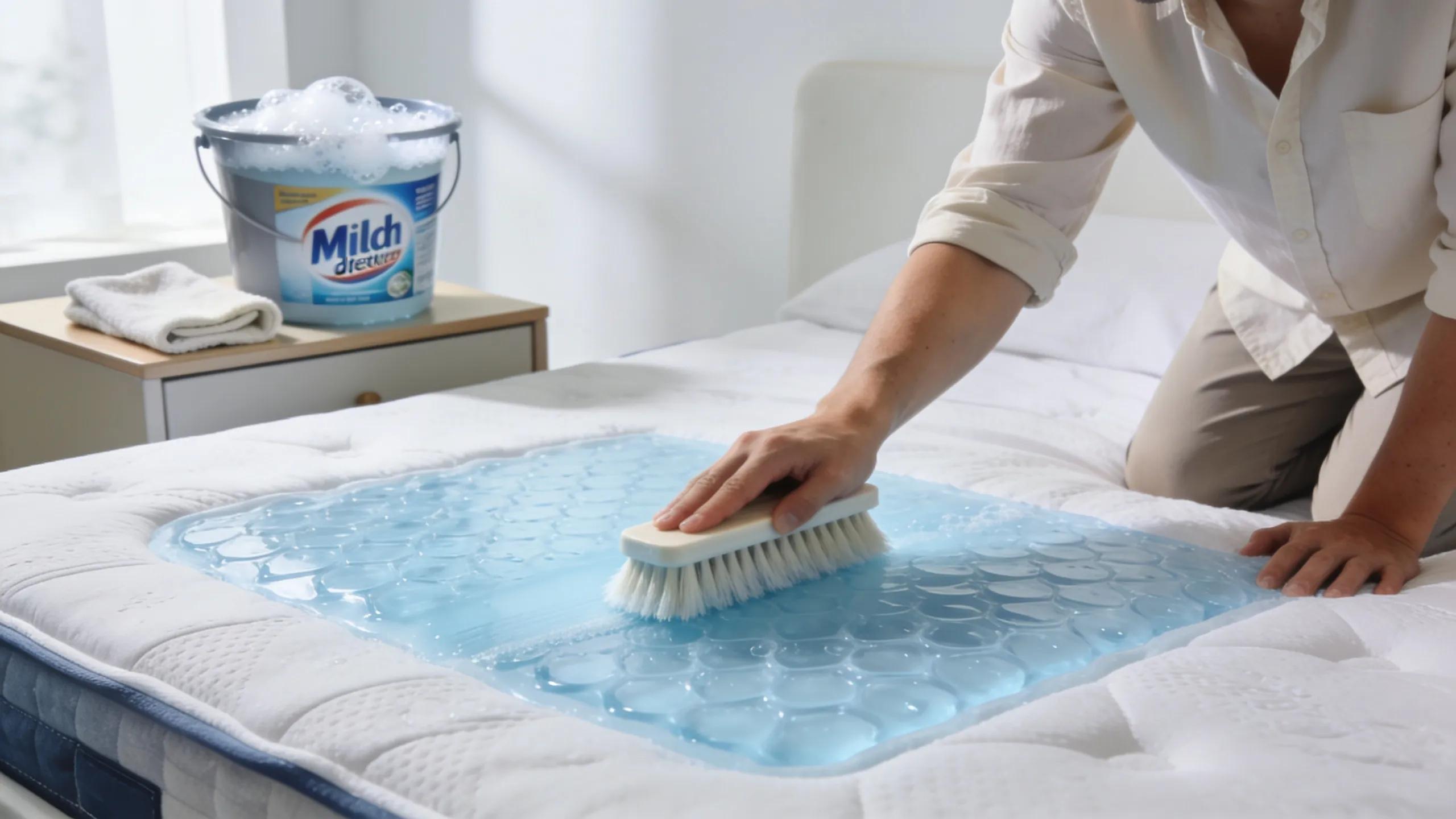 Person cleaning a mattress topper with natural cleaning supplies, emphasising maintenance for durability and performance