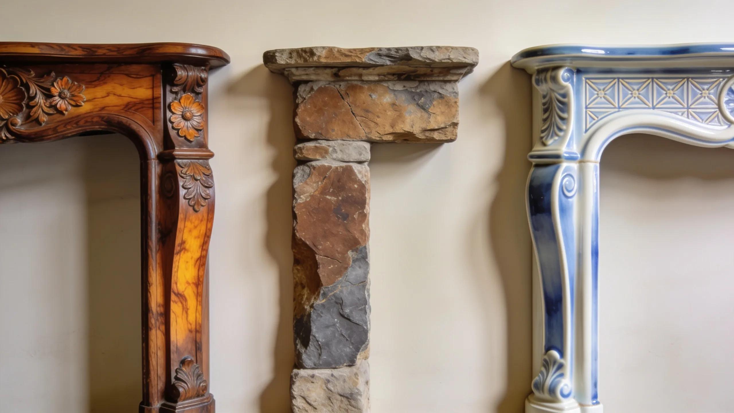 Collection of traditional fireplace mantels highlighting wood, stone, and ceramic materials