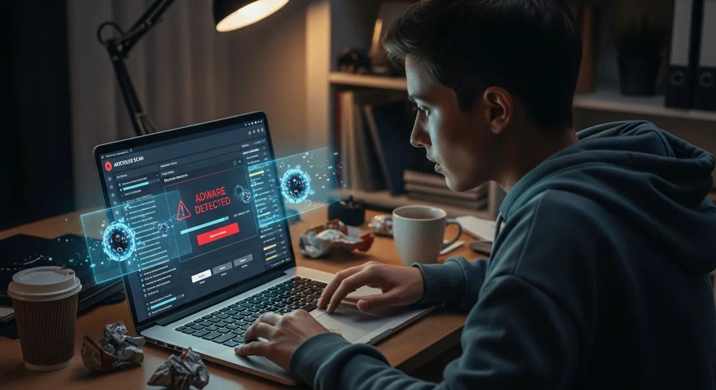Person running antivirus scans to remove adware from a laptop