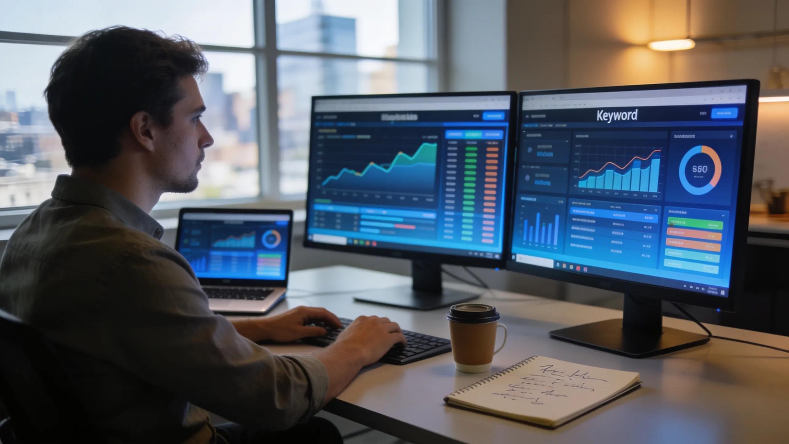 SEO expert conducting an analysis of website data in a modern office SEO expert conducting an analysis of website data in a modern office