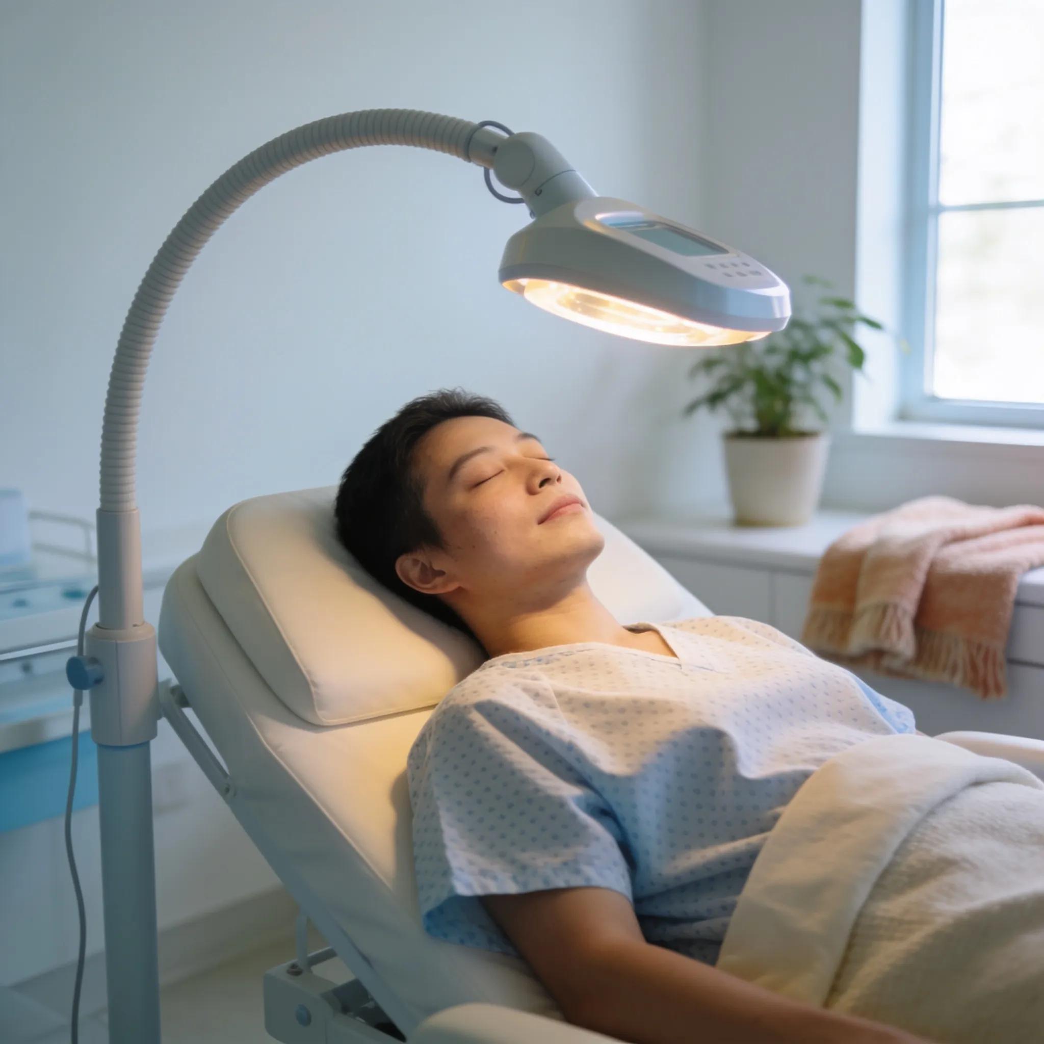 Patient receiving phototherapy treatment for psoriasis in a tranquil medical setting