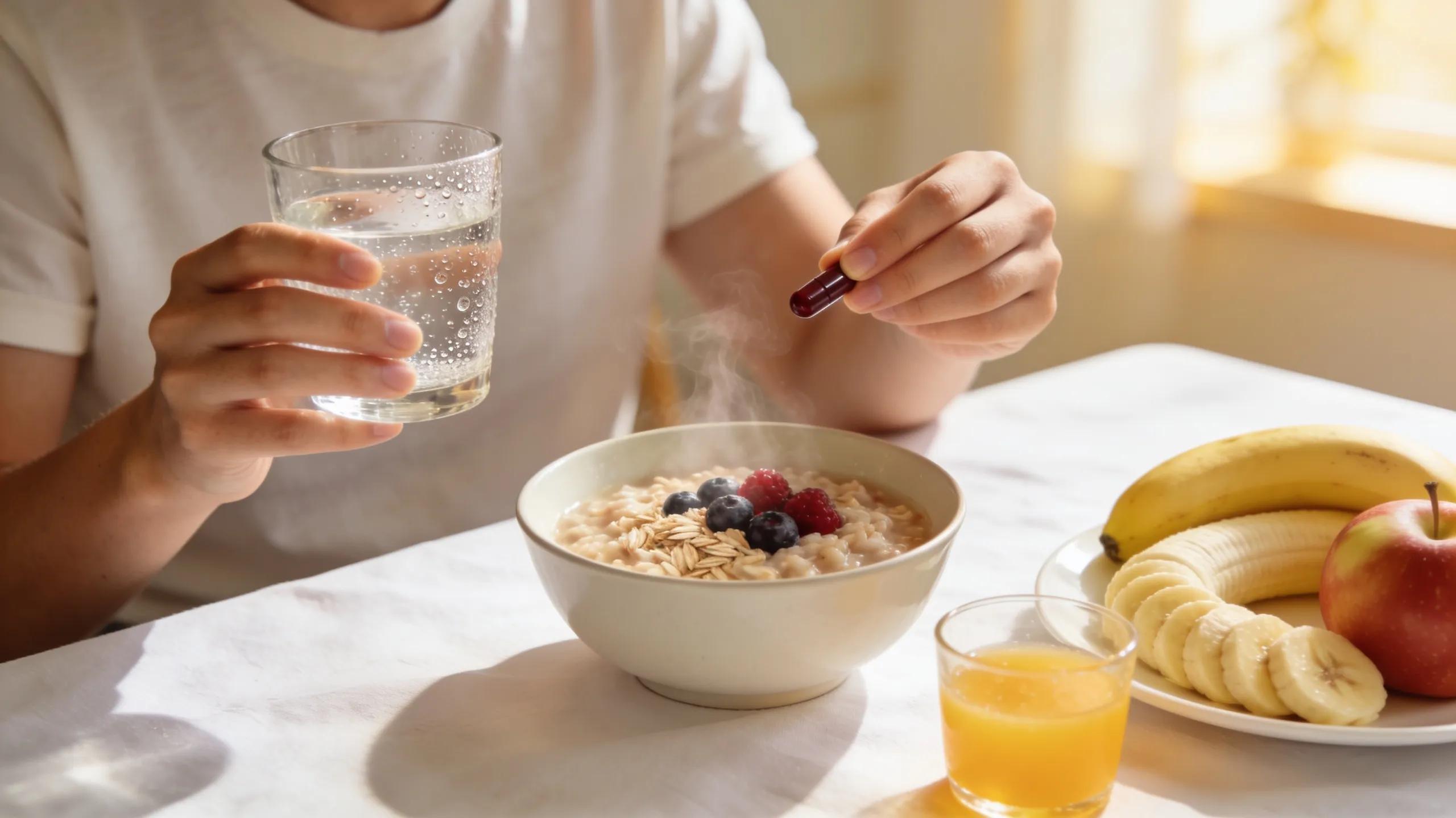 Person taking liver capsules at breakfast promoting morning health routines