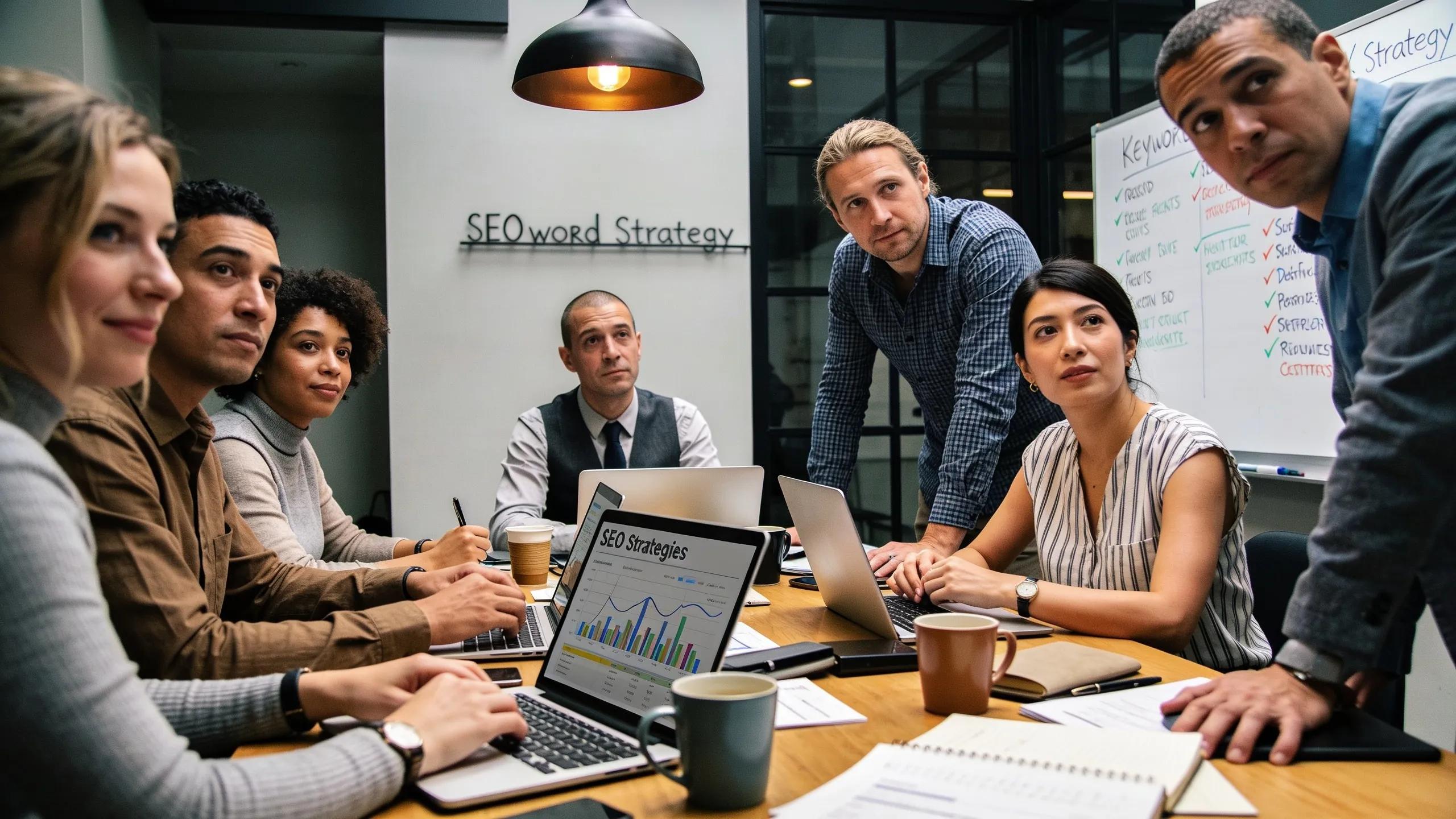 Team of professionals brainstorming SEO strategies around a conference table Team of professionals brainstorming SEO strategies around a conference table