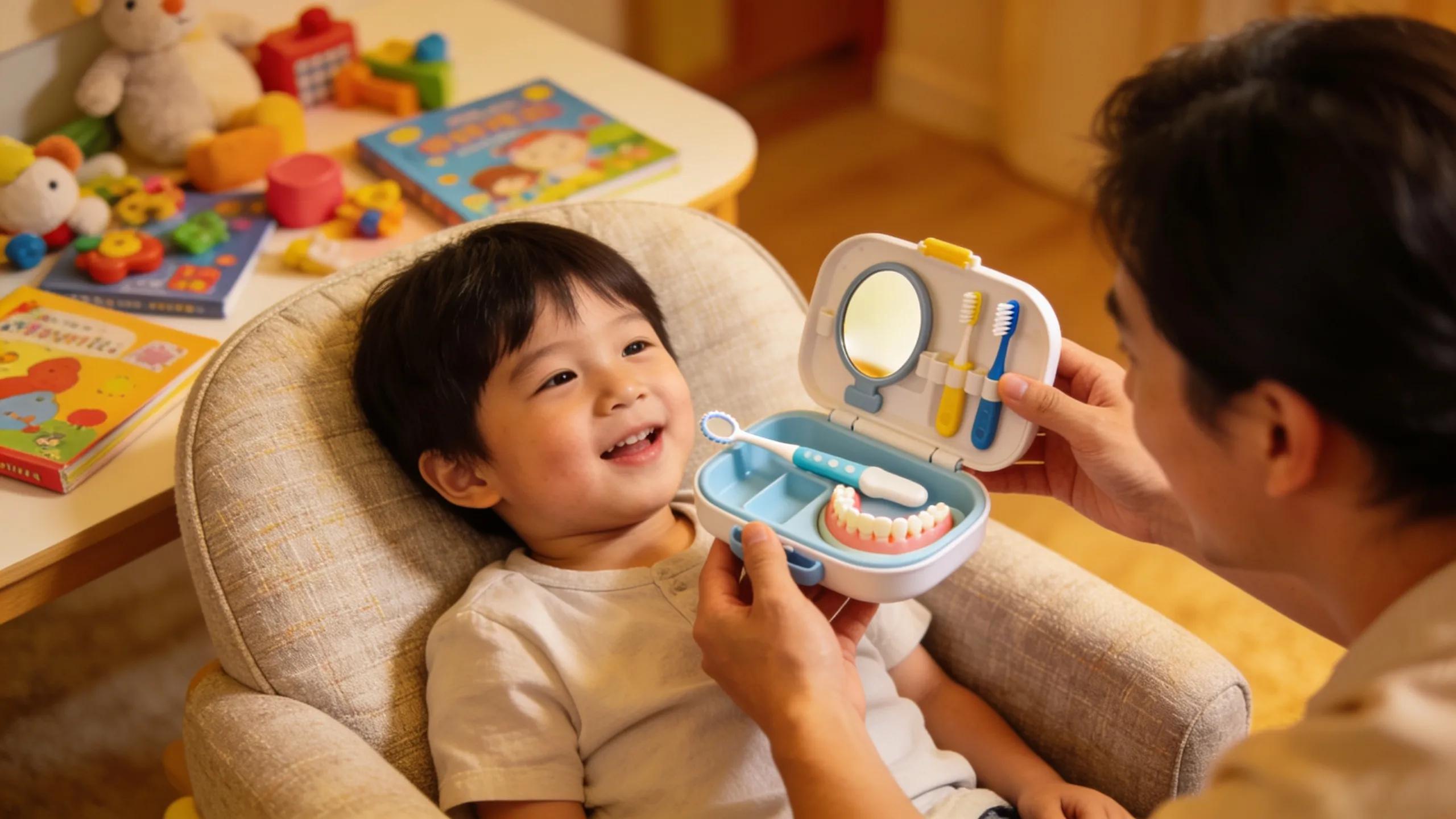 Parent and child practicing for a dental visit at home with a toy dentist kit, promoting positive preparation for the first dental appointment