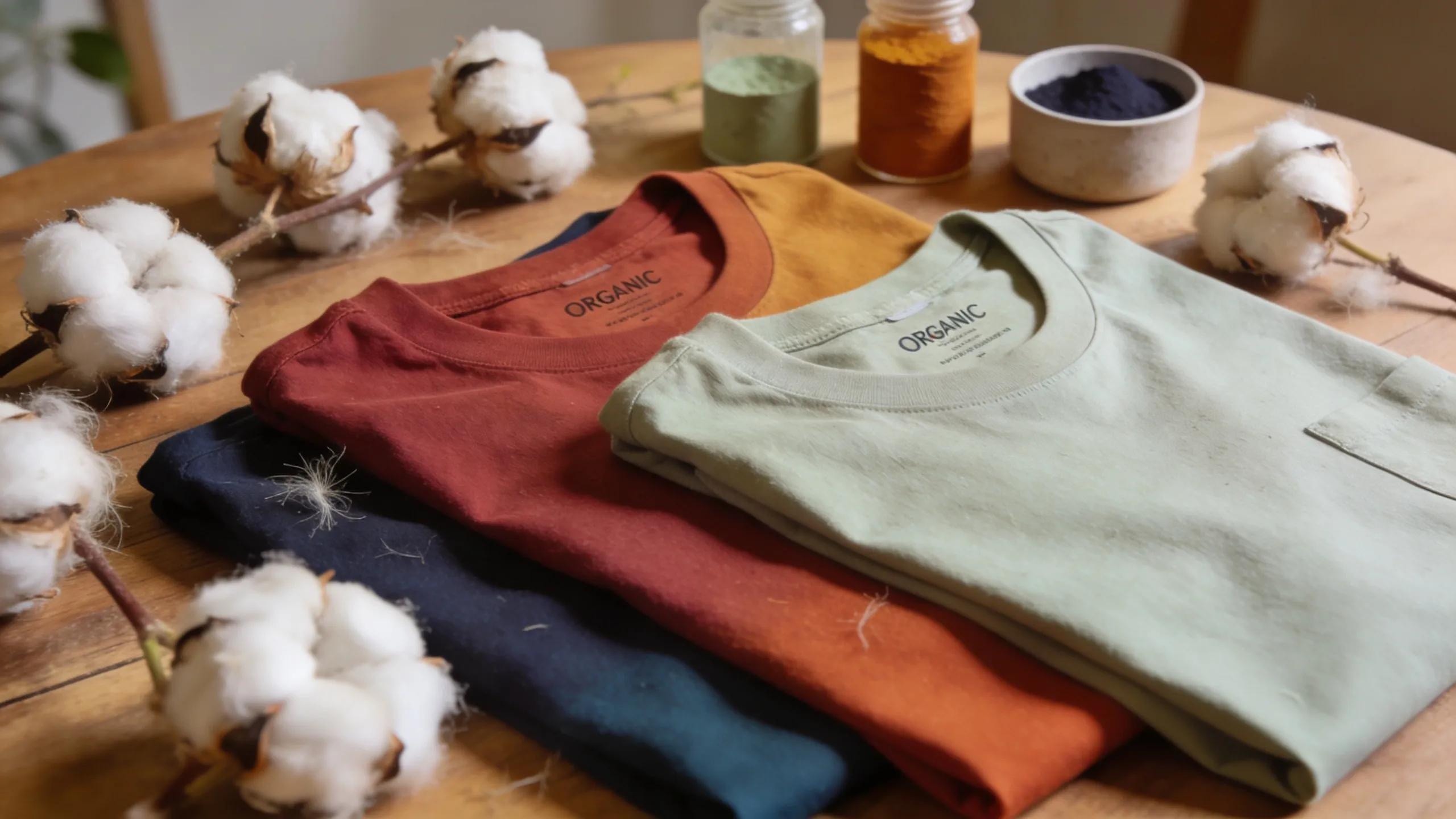Organic cotton t-shirts on a wooden table with cotton plants, representing ethical sourcing practices