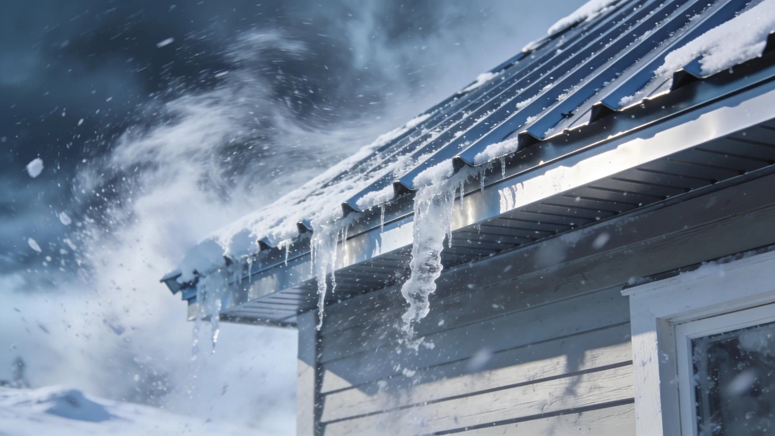Standing seam metal roofing displaying snow and ice shedding during a winter storm, highlighting durability and wind resistance