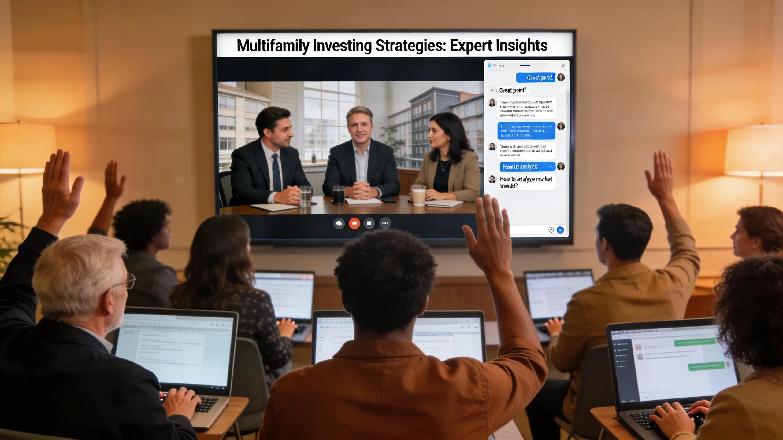 An expert panel discussion during a multifamily investing webinar, showcasing participant engagement and interaction