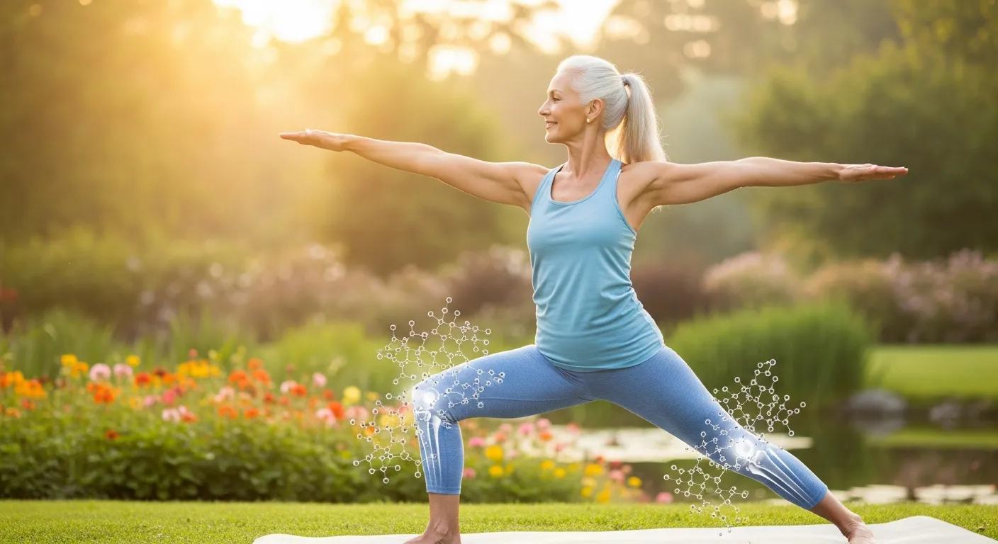 Older adult practicing yoga outdoors, representing joint comfort and mobility benefits of collagen